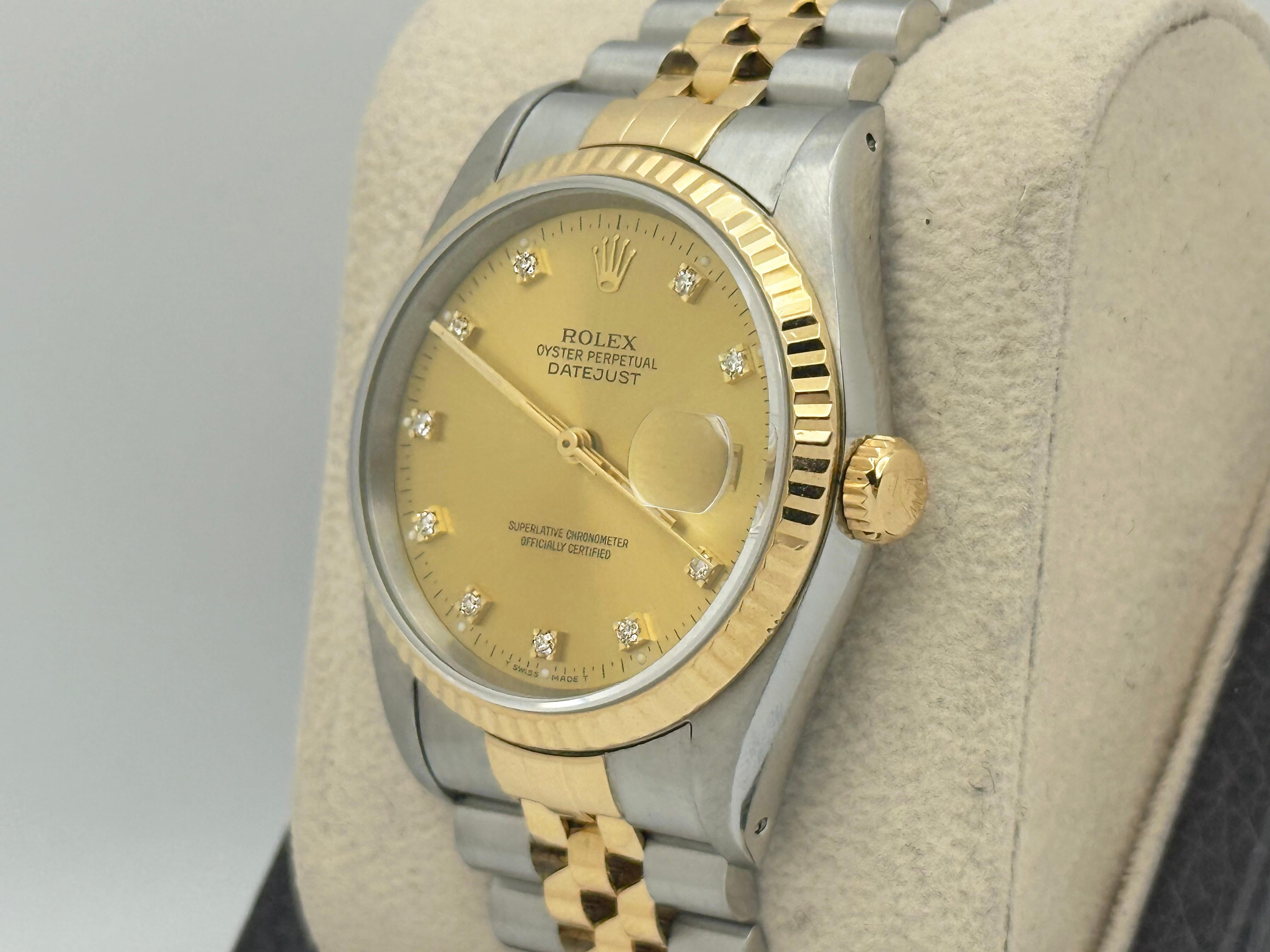 Rolex Datejust 16233 Factory Champagne Diamond Dial 18K Yellow gold Steel 36mm Pour hommes en vente