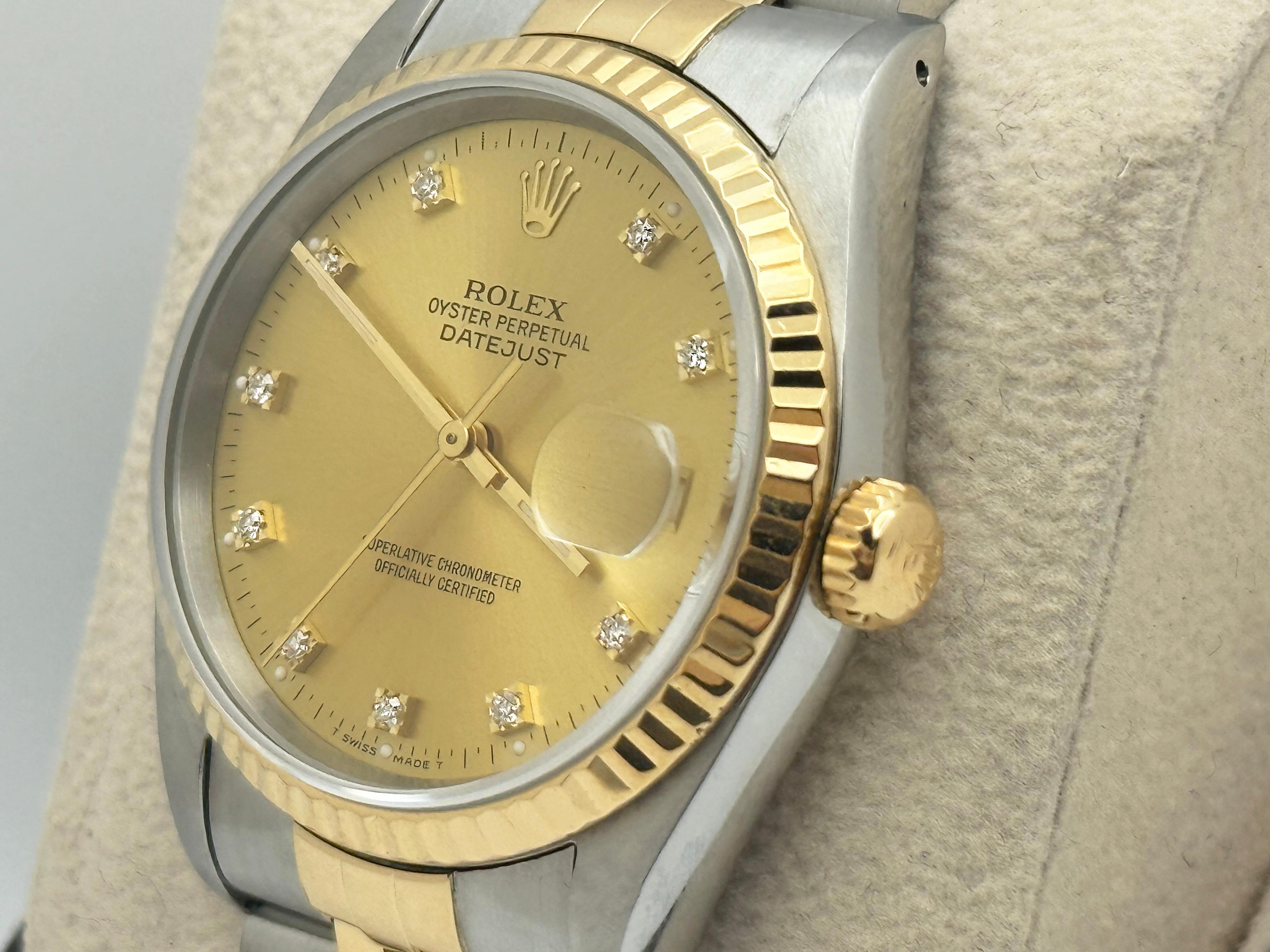 Rolex Datejust 16233 Factory Champagne Diamond Dial 18K Yellow gold Steel 36mm en vente 1