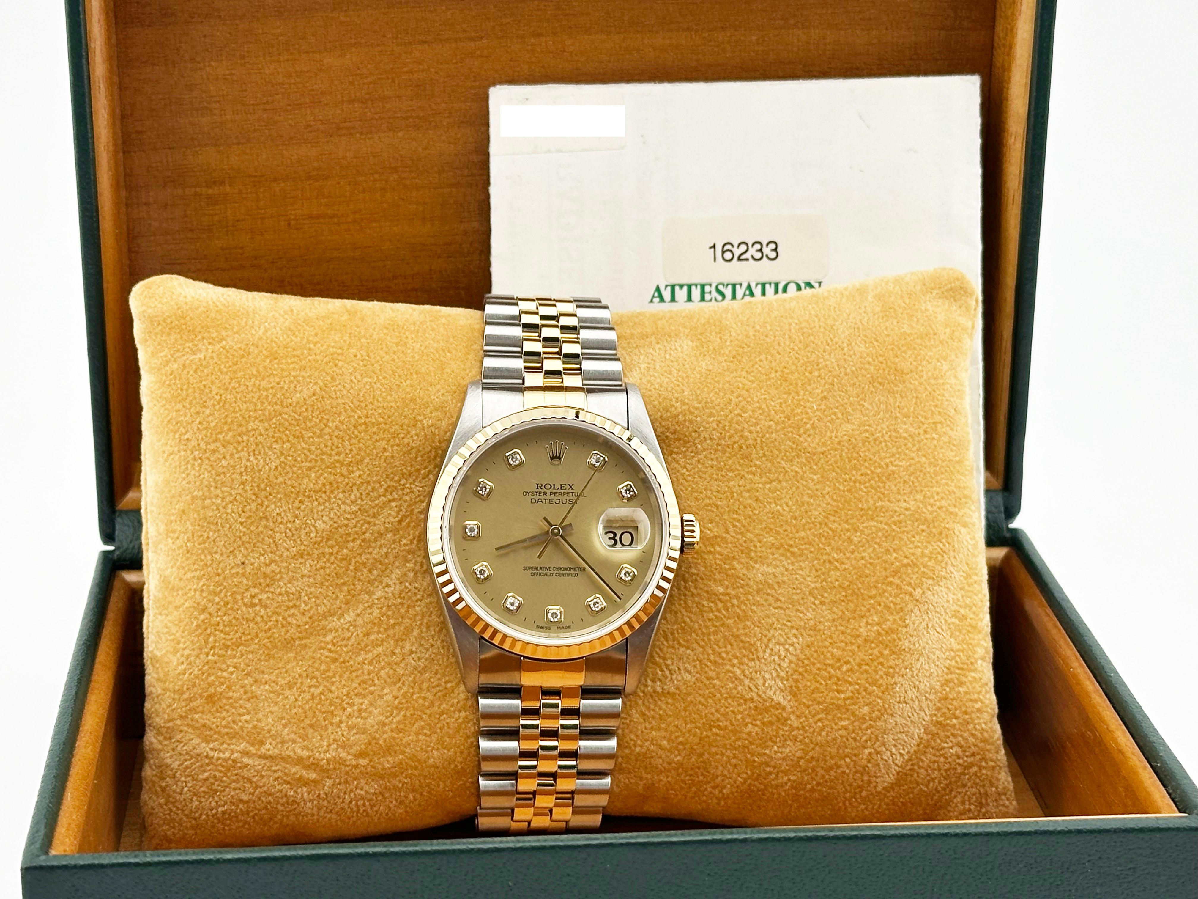 Style Number: 16233



Year: 1996

 

Model: Rolex Datejust 

 

Case Material: Stainless Steel 

 

Band: 18K Yellow Gold & Stainless Steel 

  

Bezel: 18K Yellow Gold 

  

Dial: Original Factory Champagne Diamond Dial 

 

Face: Sapphire Crystal