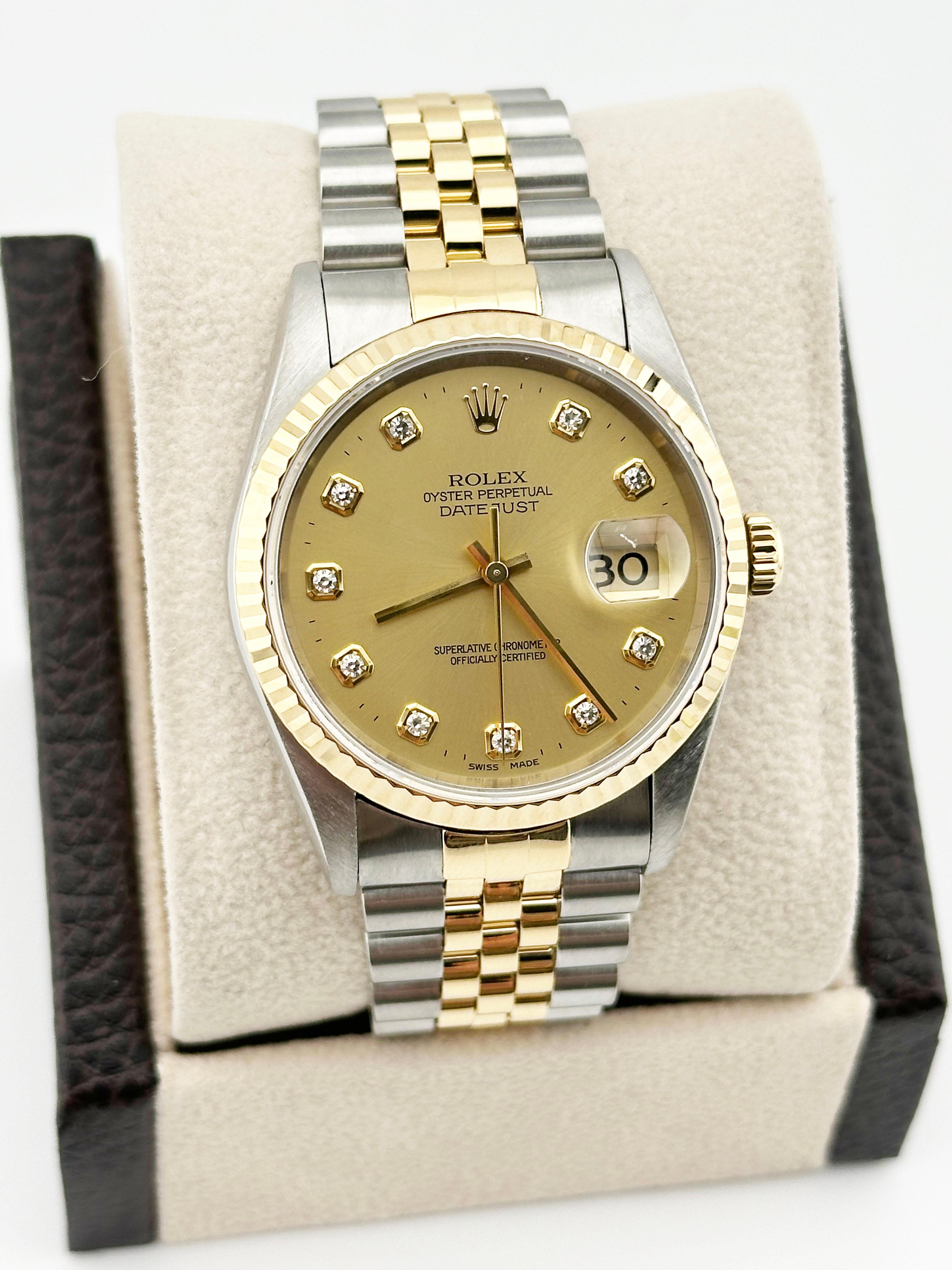 Men's Rolex Datejust 16233 Factory Diamond Dial 18K Yellow Gold Stainless Box Paper