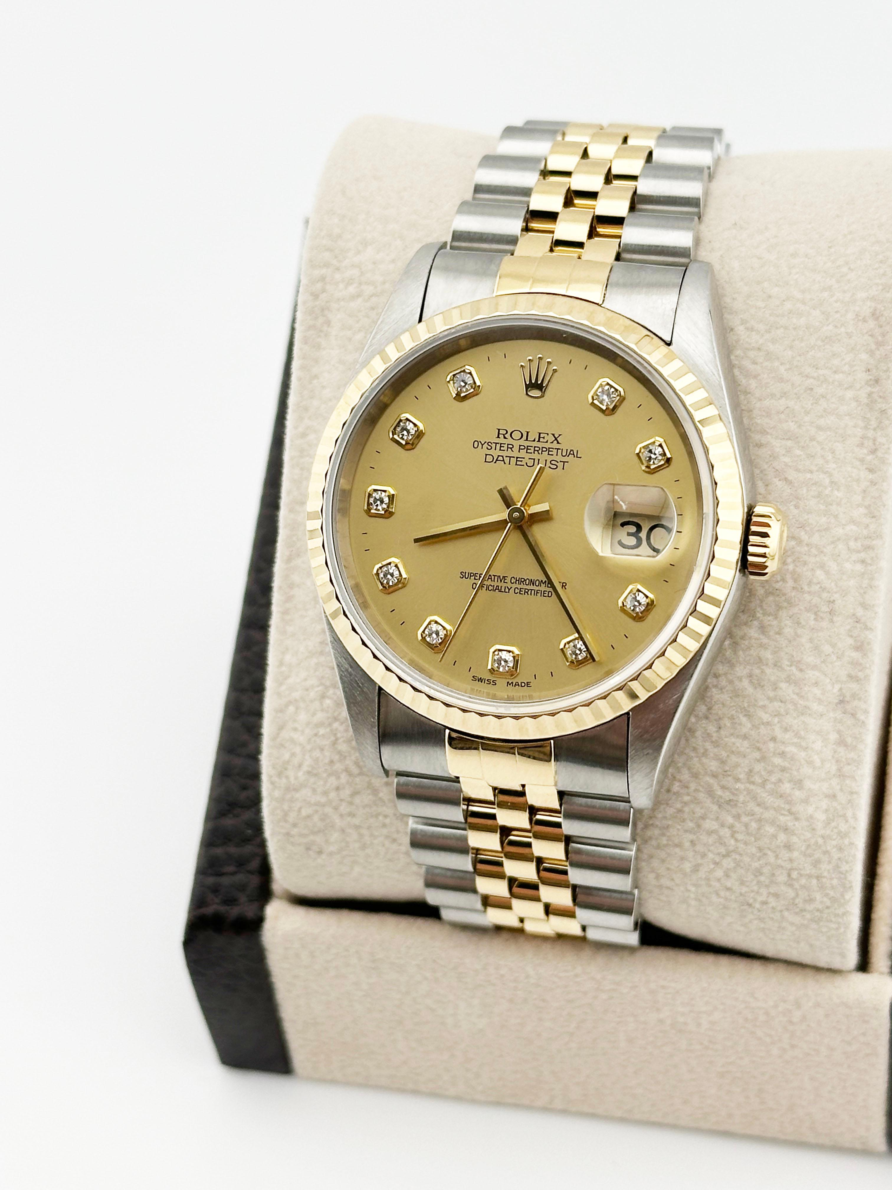 Rolex Datejust 16233 Factory Diamond Dial 18K Yellow Gold Stainless Box Paper 1