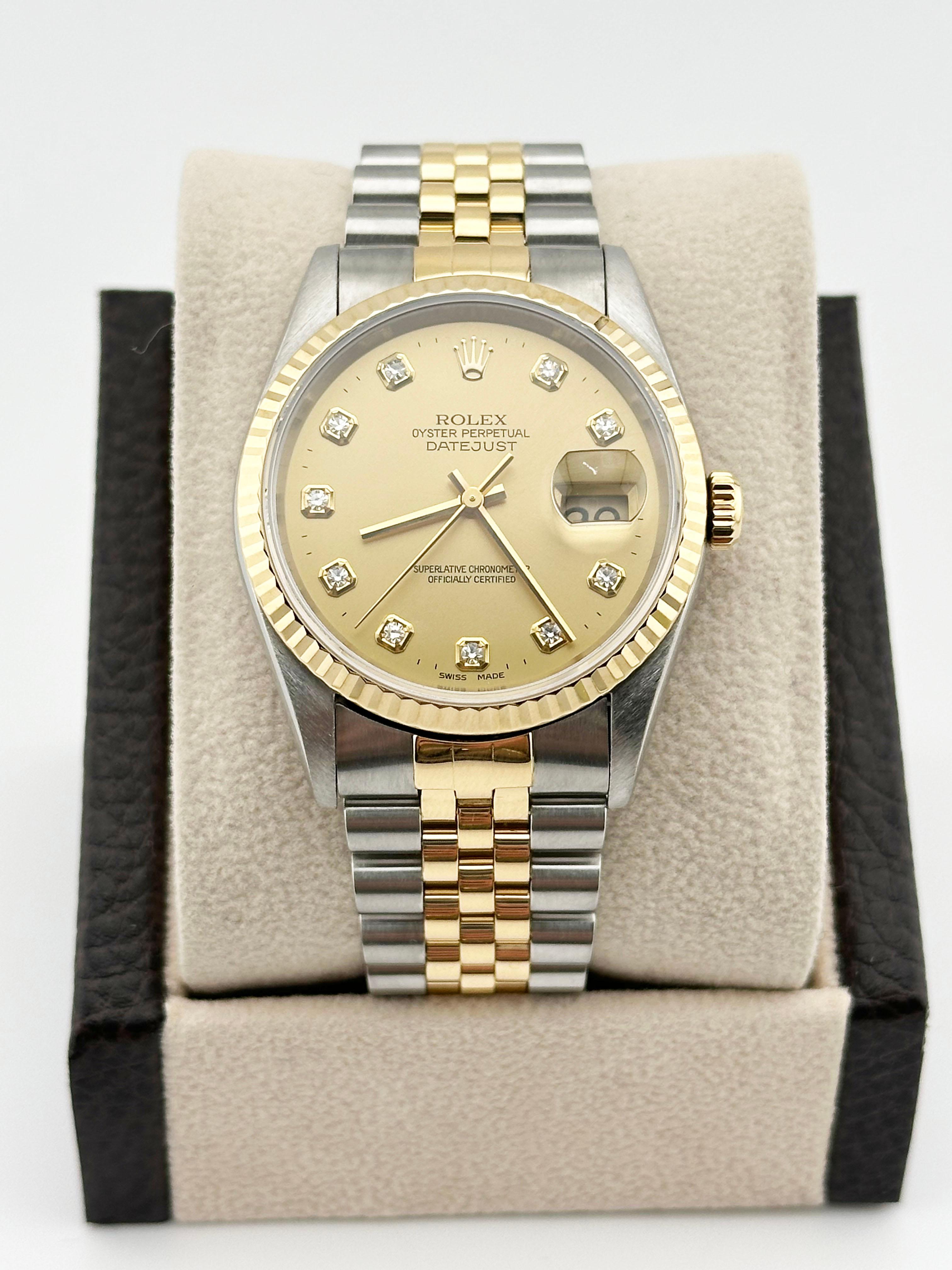 Rolex Datejust 16233 Factory Diamond Dial 18K Yellow Gold Stainless Box Paper 2