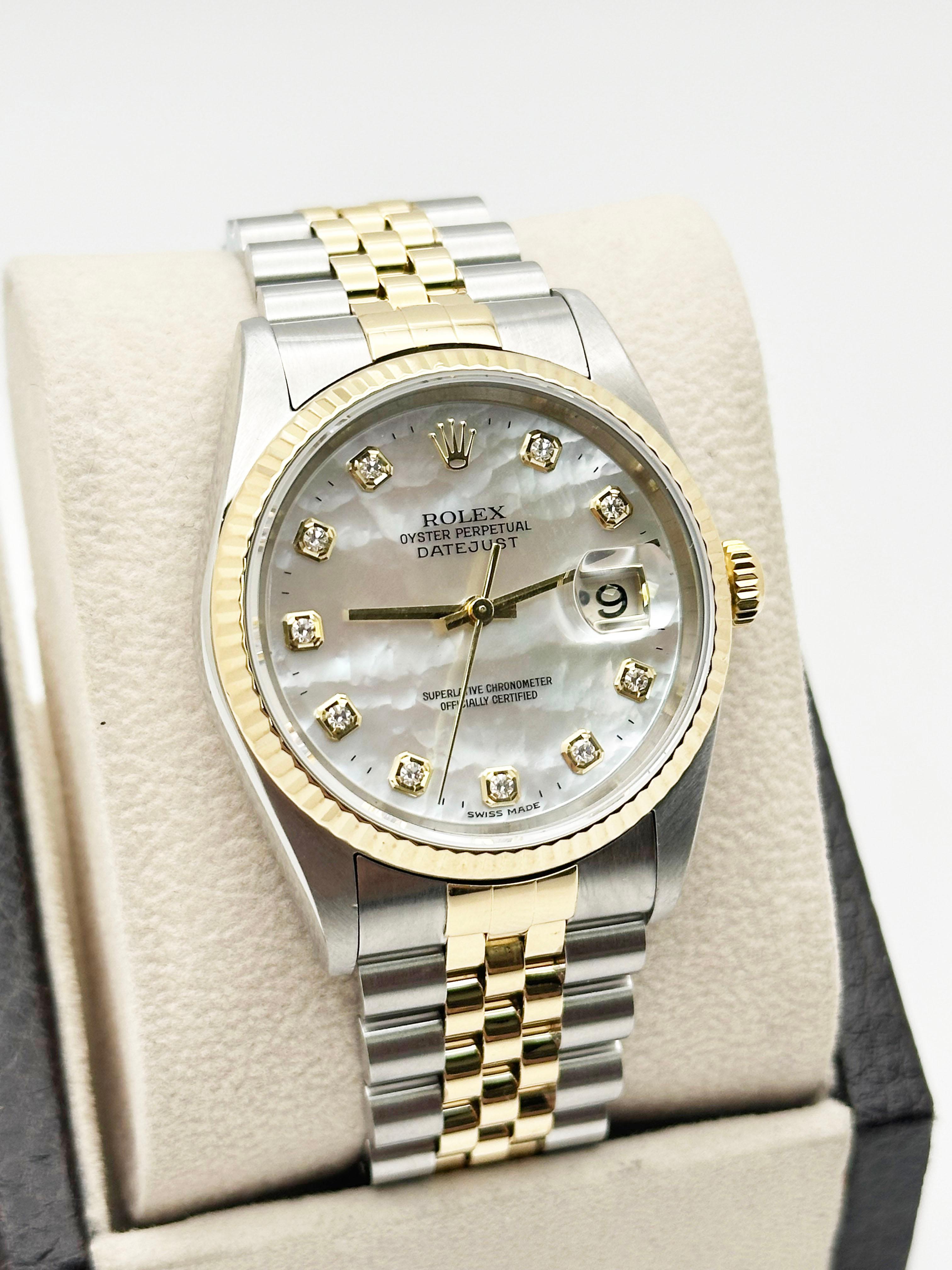 Rolex Datejust 16233 Fabrik Mutter der Perle Diamant-Zifferblatt 18K Gold Stahl 2004 im Zustand „Hervorragend“ im Angebot in San Diego, CA