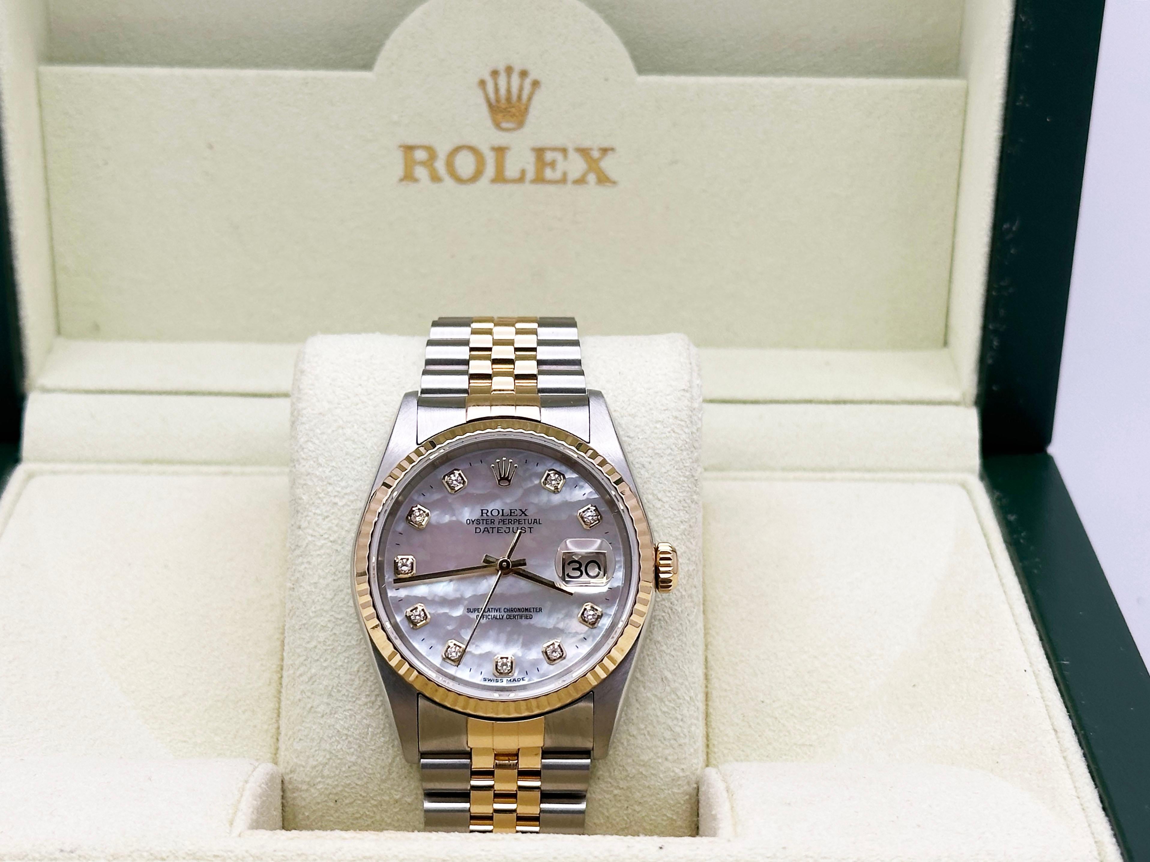 Rolex Datejust 16233 Fabrik Mutter der Perle Diamant-Zifferblatt 18K Gold Stahl 2004 im Angebot 4