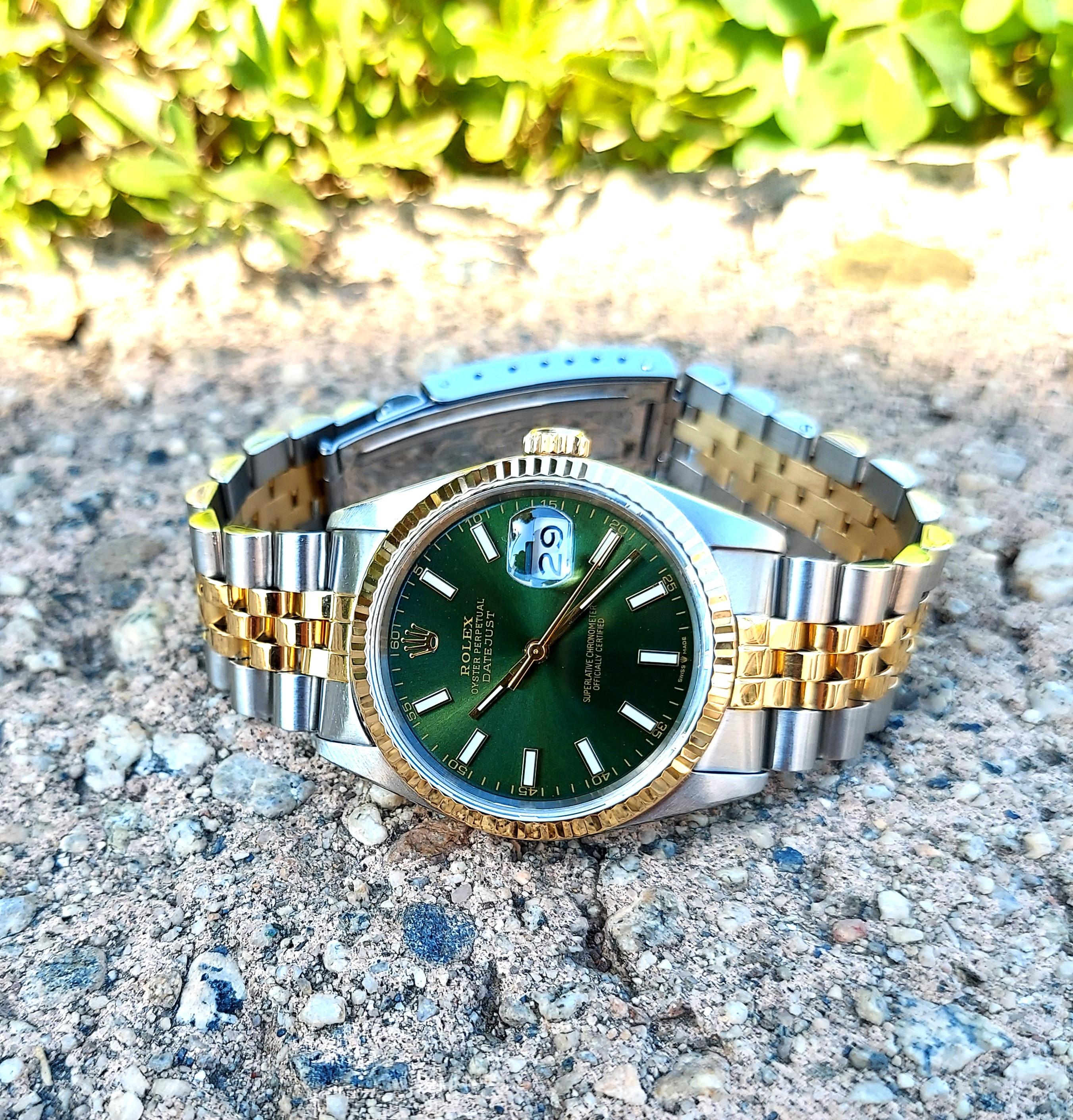 Women's or Men's Rolex Datejust 16233 Green Index 36mm Two tone Jubilee 