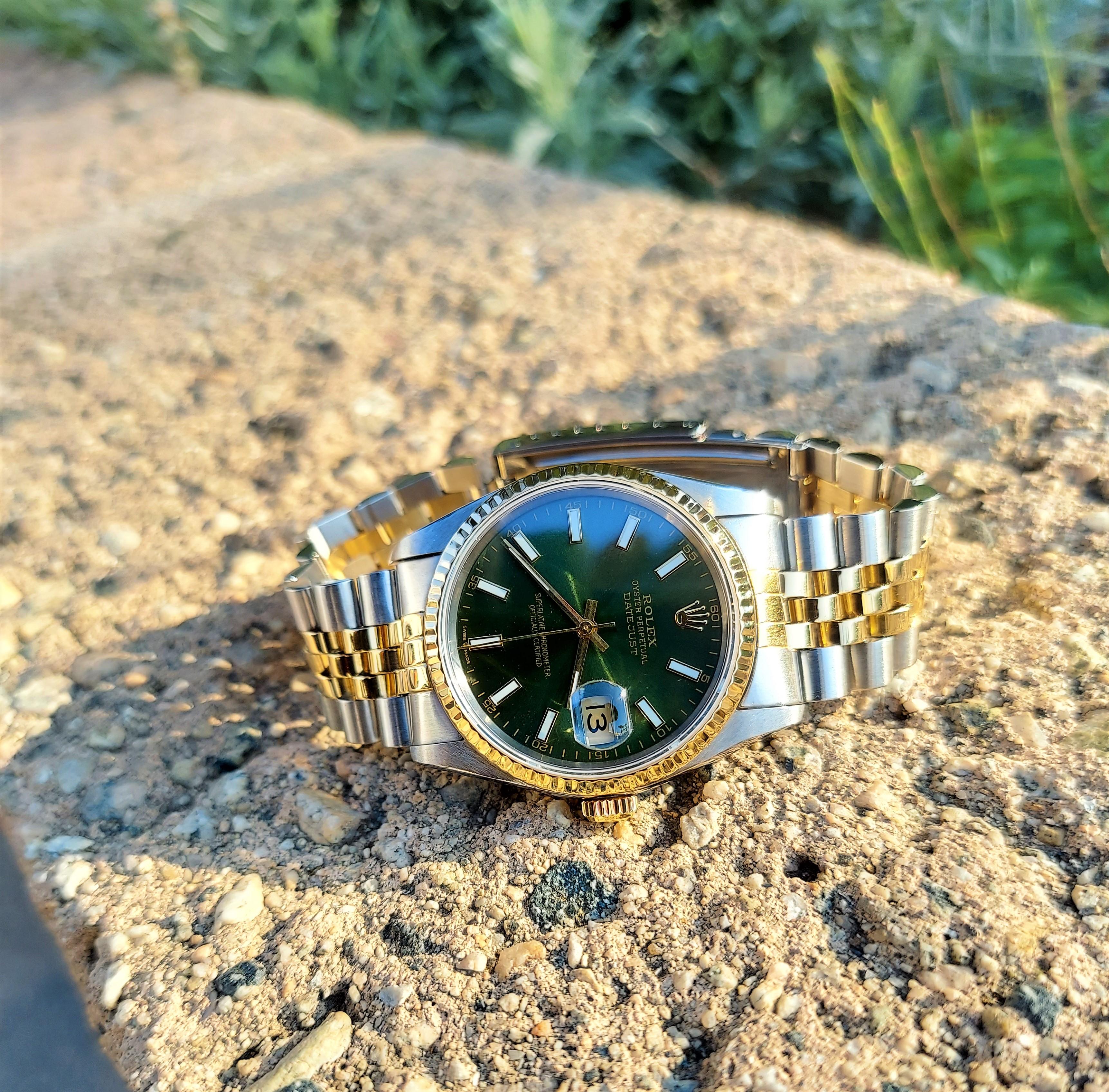 Modern Rolex Datejust 16233 Green Stick Index Fluted Jubilee