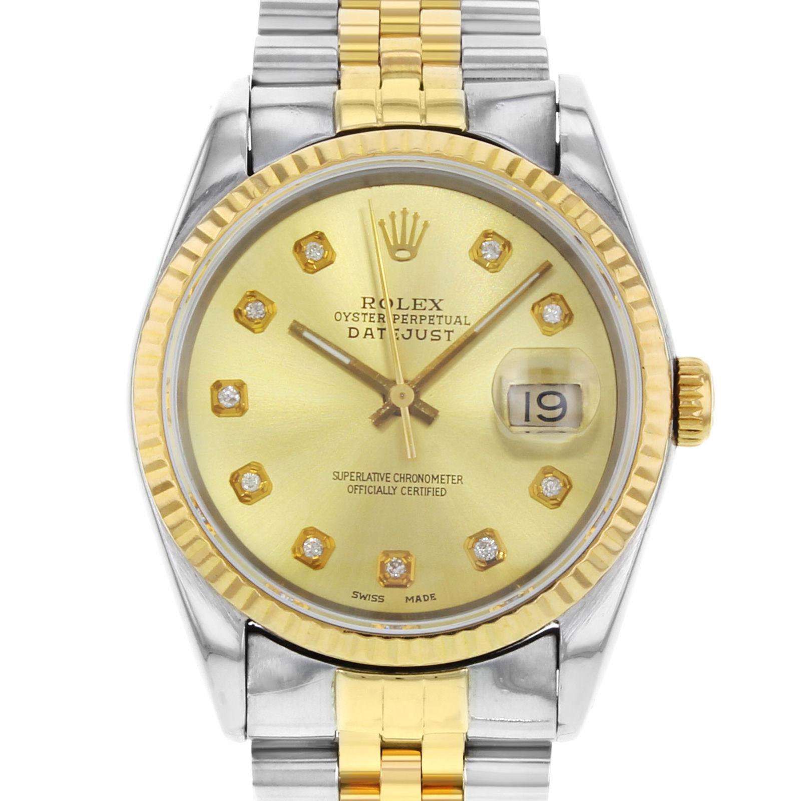 (20125)
This pre-owned Rolex Datejust is a beautiful men's timepiece that is powered by an automatic movement which is cased in a stainless steel case. It has a round shape face, date, diamonds dial and has hand diamonds style markers. It is