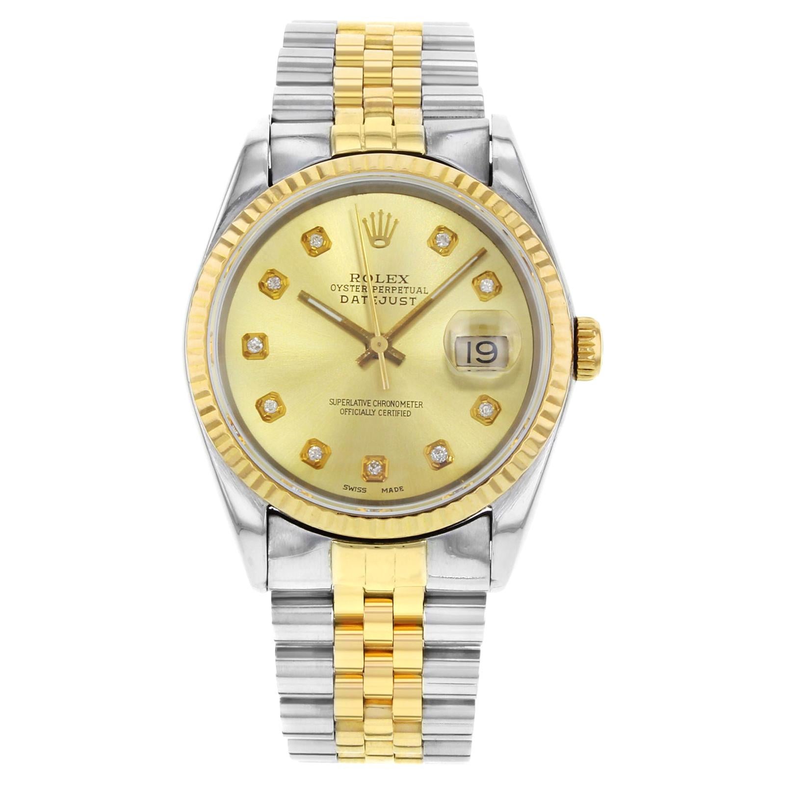 Rolex Datejust 16233 Holes 1991 Custom Diamonds Champagne Automatic Men's Watch