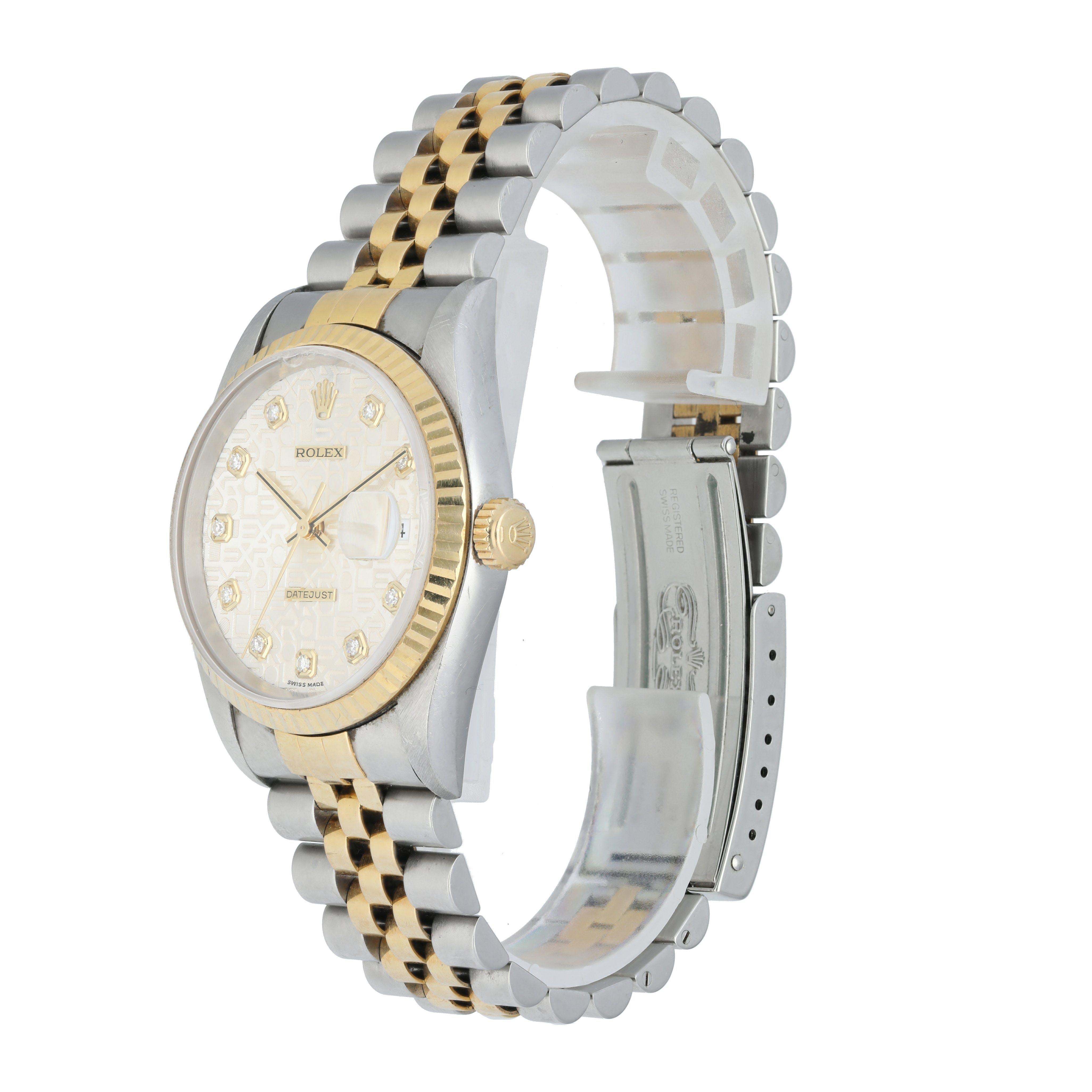 Rolex Datejust 16233 Diamant-Zifferblatt Herrenuhr.
36-mm-Edelstahlgehäuse mit geriffelter Lünette aus Gelbgold.
Jubiläums-Diamant-Zifferblatt mit Goldzeigern und Diamantindexen.
Datumsanzeige auf der 3-Uhr-Position.
Edelstahl-Jubiläumsarmband mit