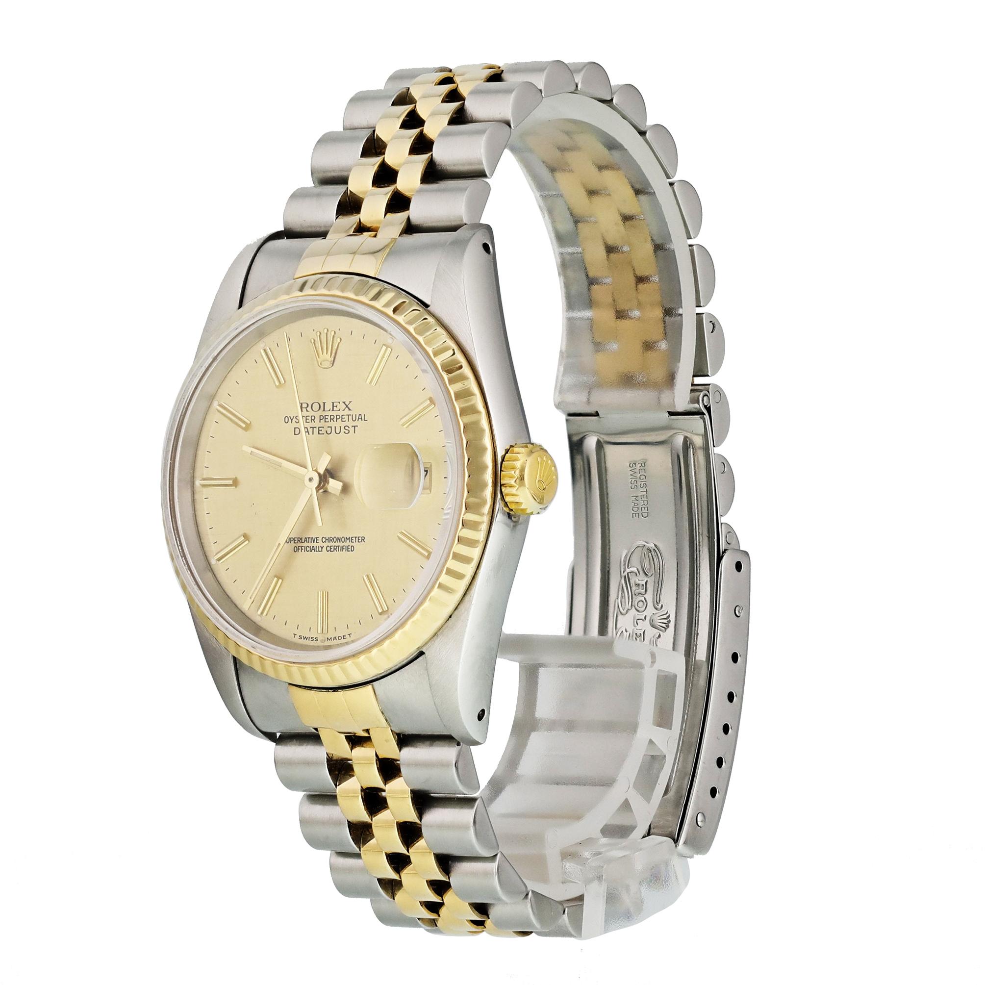 Rolex Datejust 16233 Linen Dial Men's Watch
36mm Stainless Steel case. 
Yellow Gold Fluted Bezel. 
Champagne Linen dial with Luminous gold hands and index hour markers. 
Minute markers on the outer dial. 
Date display at the 3 o'clock position.