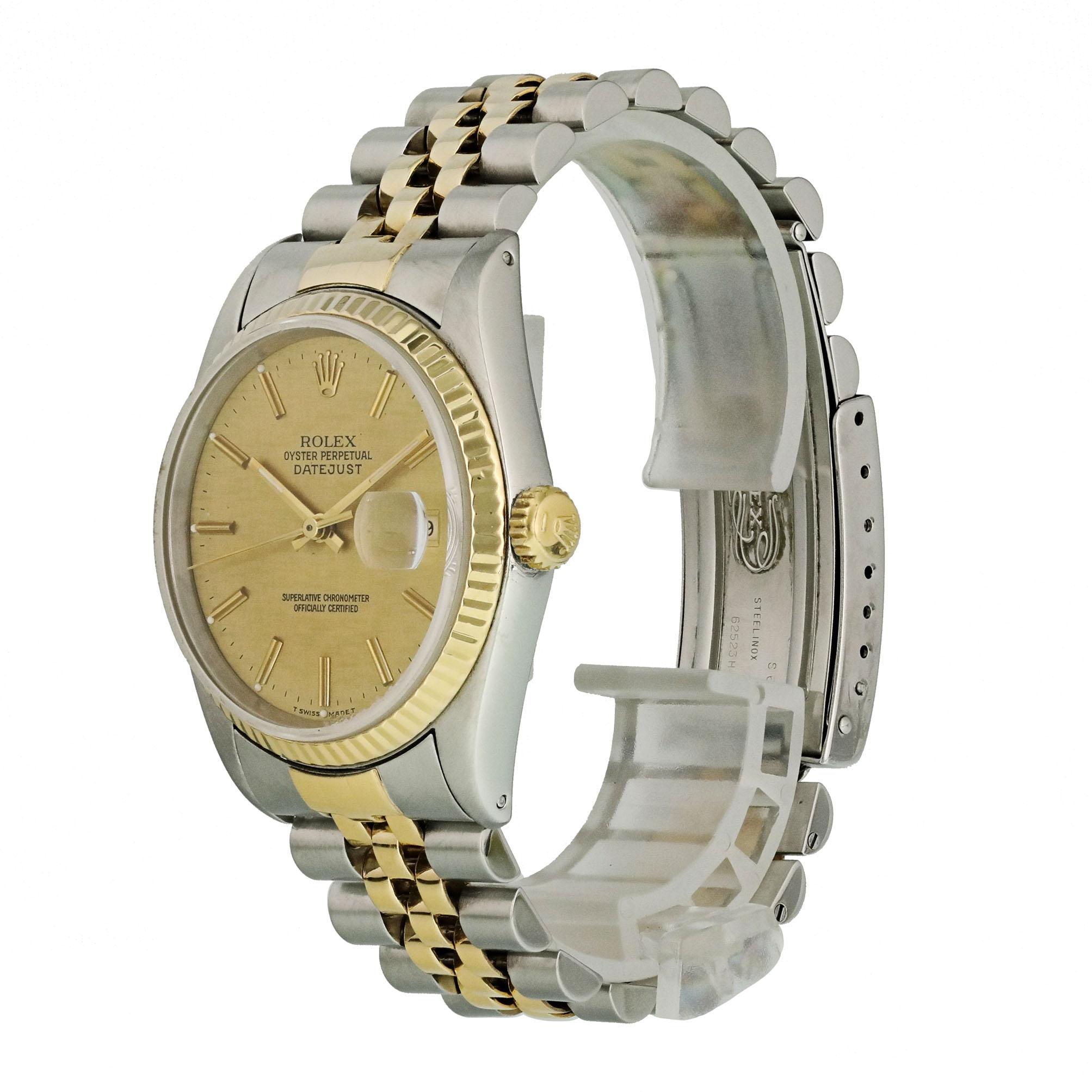 Rolex Datejust 16233 Linen Dial Mens Watch
36mm Stainless Steel case. 
Yellow Gold Fluted bezel. 
Champagne Linen dial with Luminous gold hands and index hour markers. 
Minute markers on the outer dial. 
Date display at the 3 o'clock position.