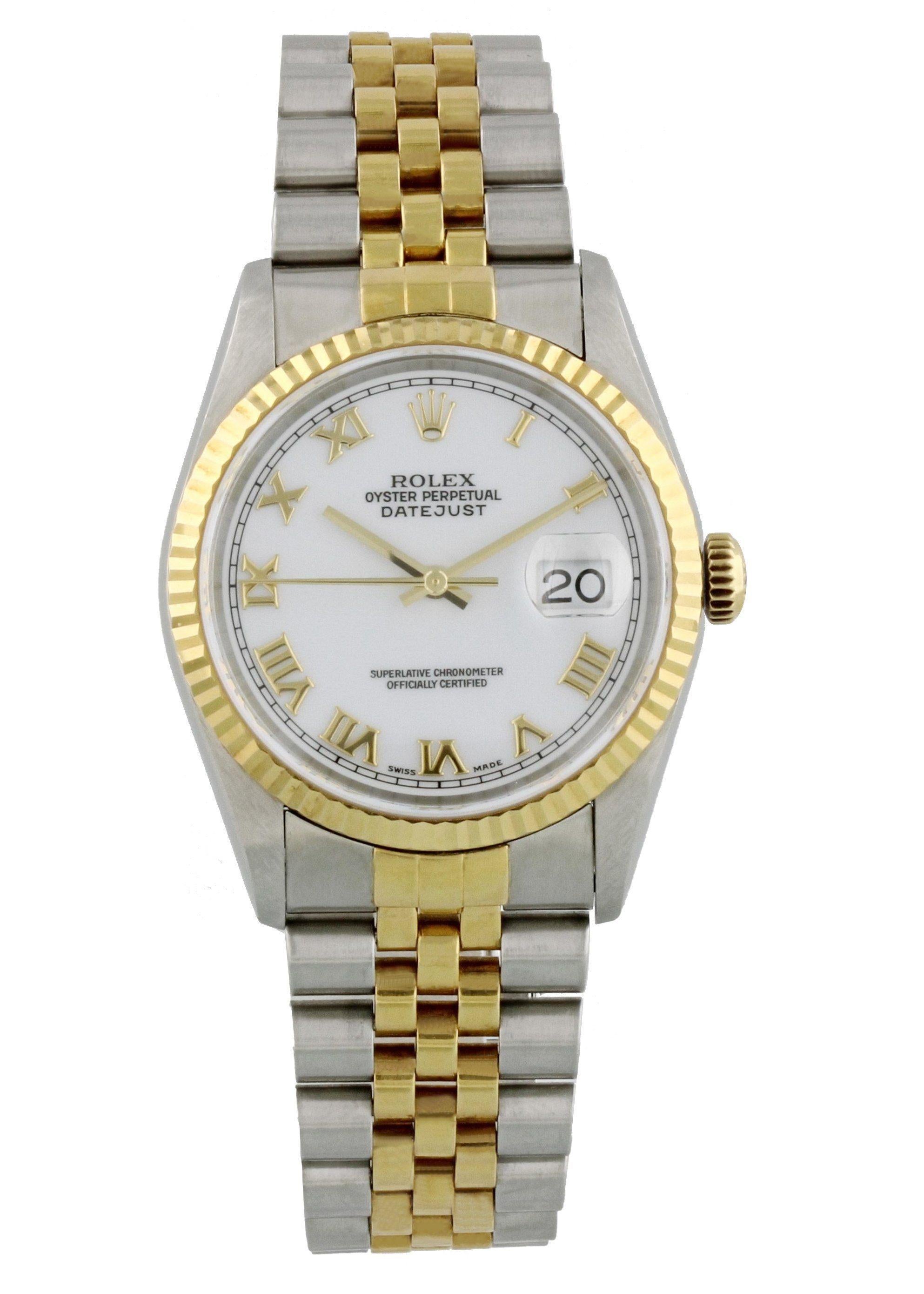Rolex Oyster Perpetual Datejust 16233 Men's Watch. 36mm stainless steel case with an 18K yellow gold fluted bezel. White dial with gold hands and hour markers. Quickset date function at the 3 o'clock position. 18K yellow gold and stainless steel