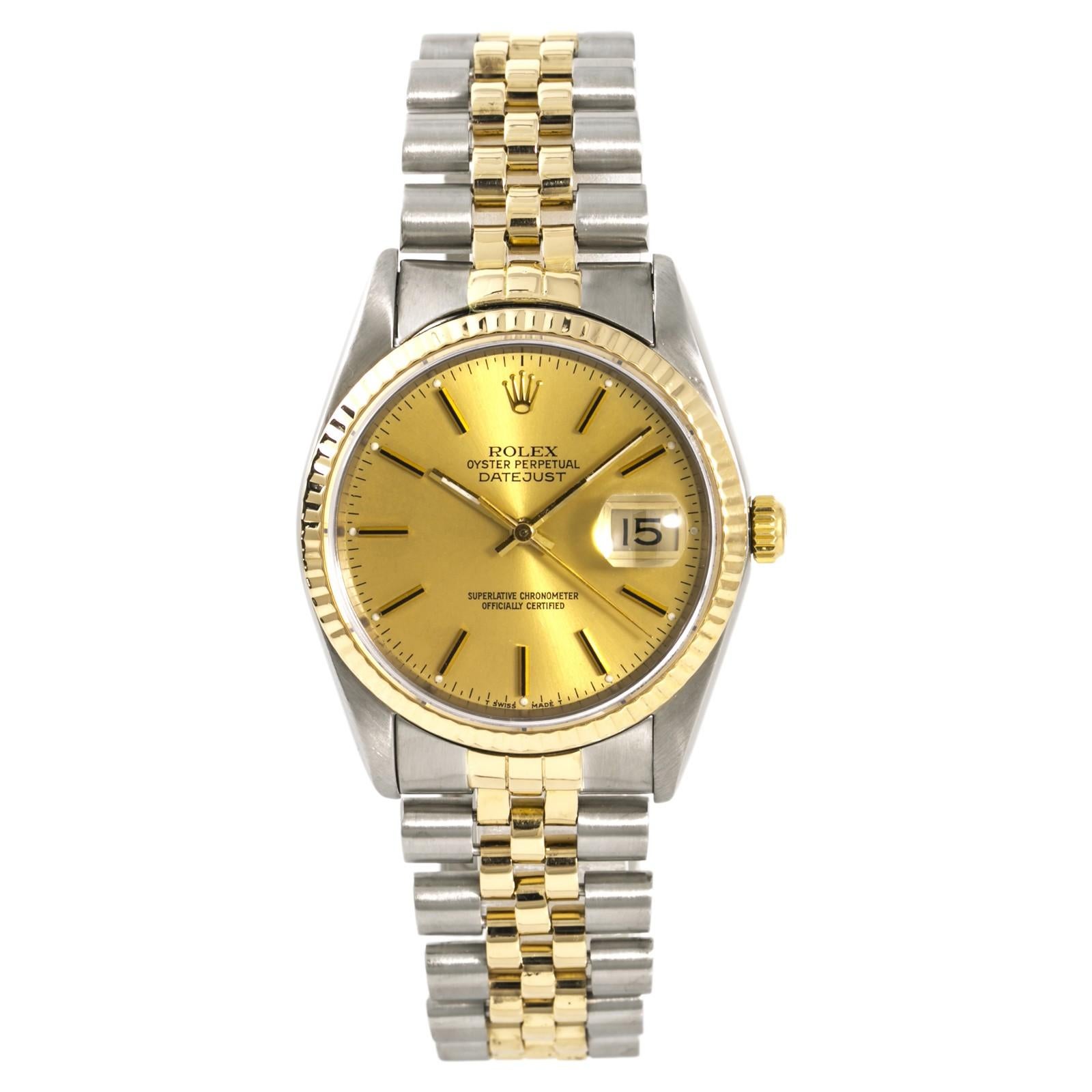 Rolex Datejust 16233 Men’s Automatic Watch 18 Karat Two-Tone Yellow Gold For Sale