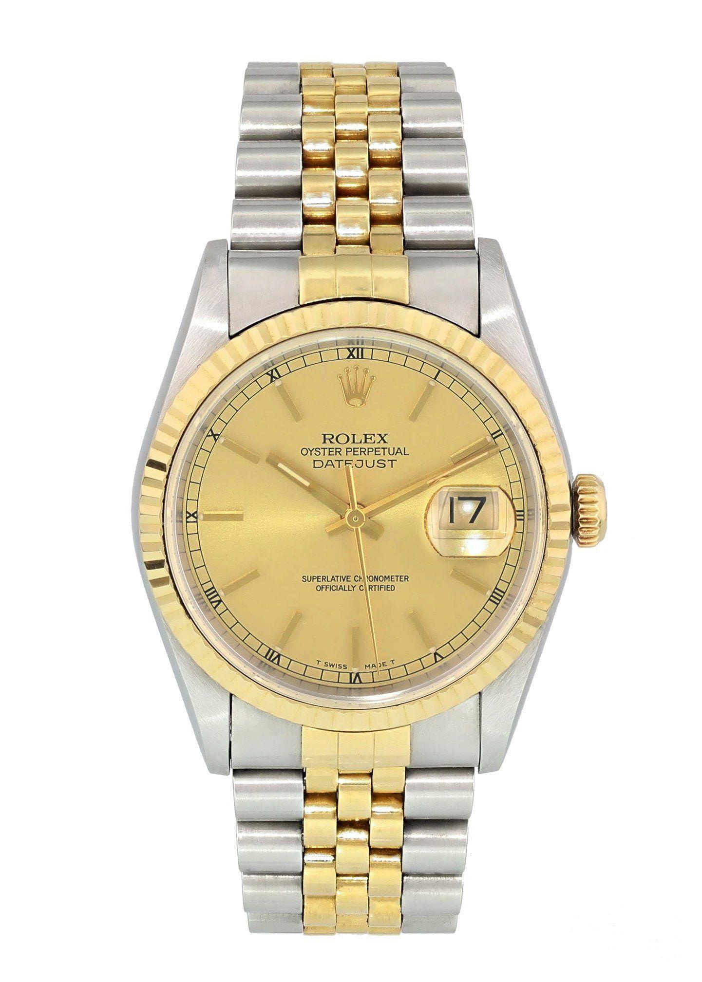 Rolex Datejust 16233 Men Watch. 
36mm Stainless Steel case. 
Yellow Gold Stationary bezel. 
Champagne dial with Luminous gold hands and index hour markers. 
Minute markers on the outer dial. 
Date display at the 3 o'clock position. 
Two Tone