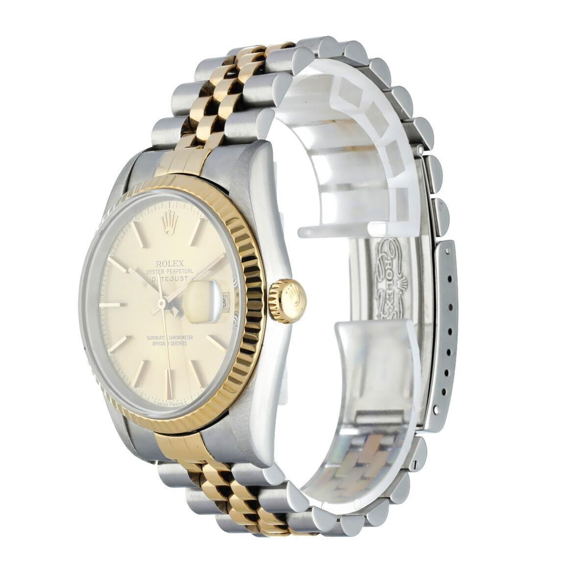 Rolex Datejust 16233 Mens Watch.
36mm Stainless Steel case. 
Yellow Gold fluted bezel. 
Champagne dial with Luminous gold hands and index hour markers. 
Minute markers on the outer dial. 
Date display at the 3 o'clock position. 
Stainless Steel