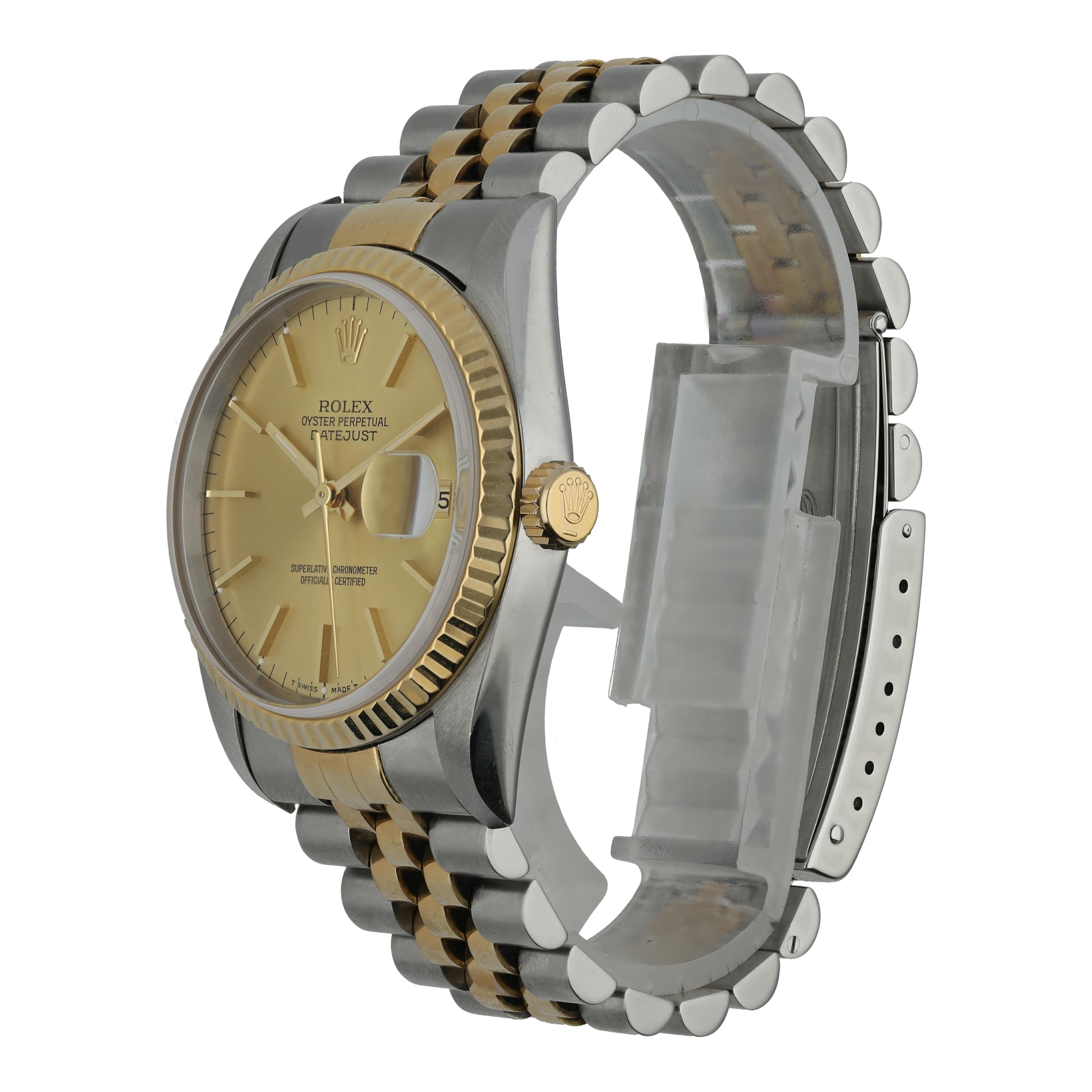 Rolex Datejust 16233 Men's Watch.
36mm Stainless Steel case. 
Yellow Gold fluted bezel. 
Champagne dial with Luminous Steel hands and index hour markers. 
Minute markers on the outer dial. 
Date display at the 3 o'clock position. 
Stainless Steel