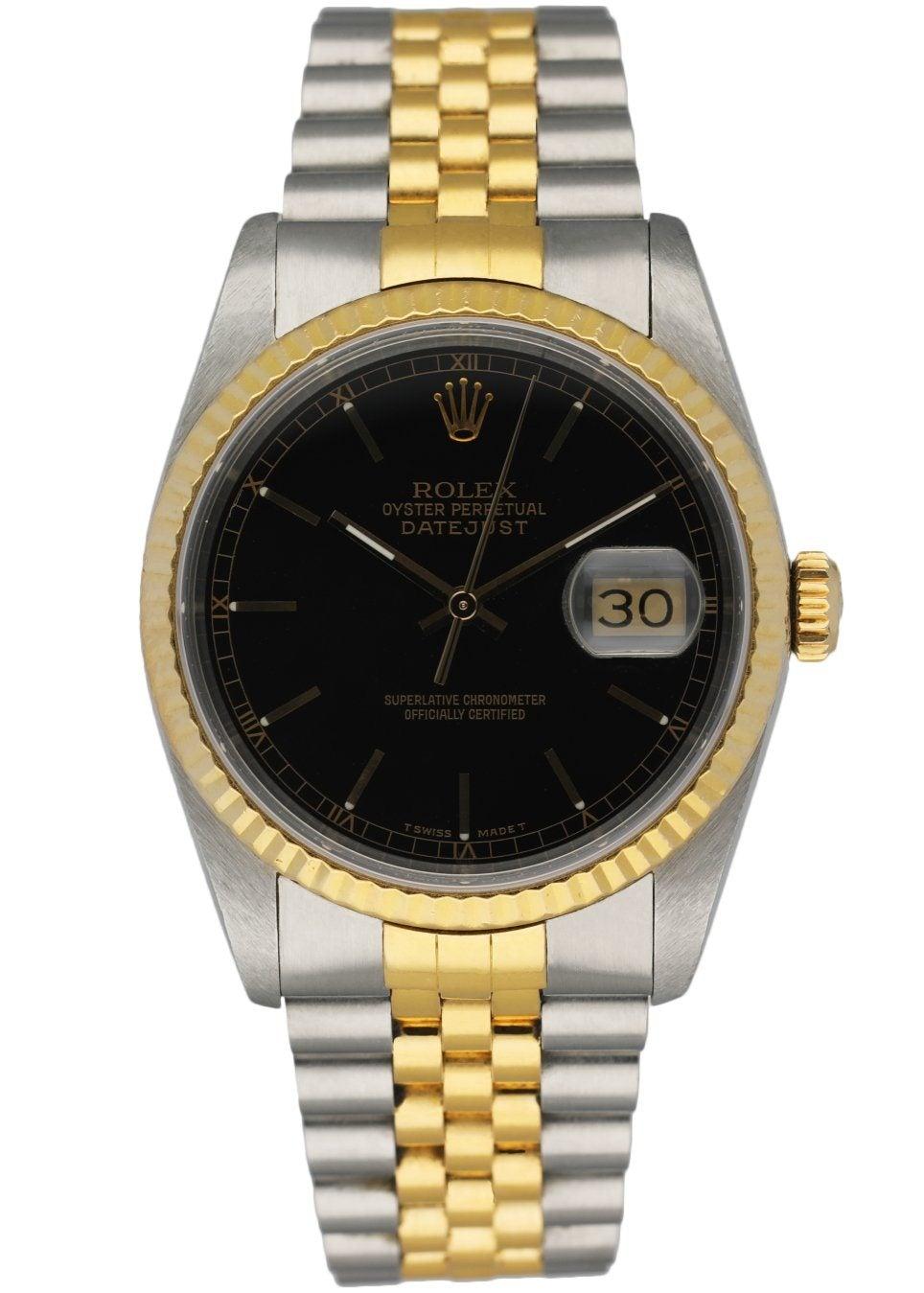 Rolex Datejust 16233 Men's Watch. 36mm stainless steel case with 18K yellow gold fluted bezel. Black dial with luminous gold hands and index hour markers. Minute markers around the outer dial. Date display at the 3 o'clock position. Two-tone,