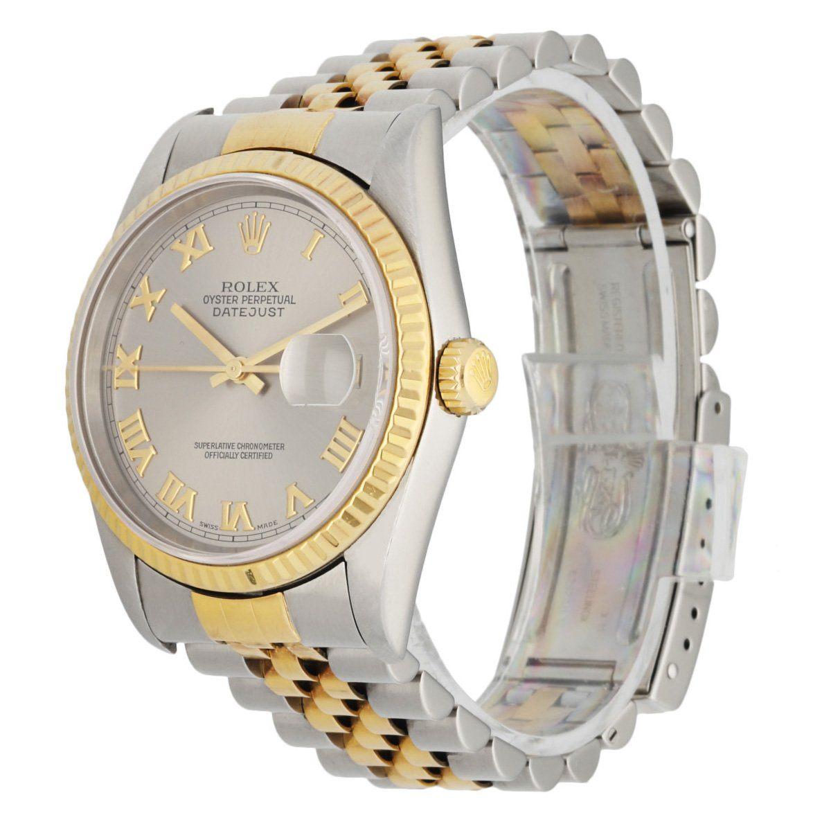 Rolex Datejust 16233 Men's Watch. 36mm Stainless Steel case. 18K Yellow GoldÂ fluted bezel. Silver dial with gold hands and gold Roman numeral hour markers. Minute markers on the outer dial. Date display at the 3 o'clock position. Stainless Steel &