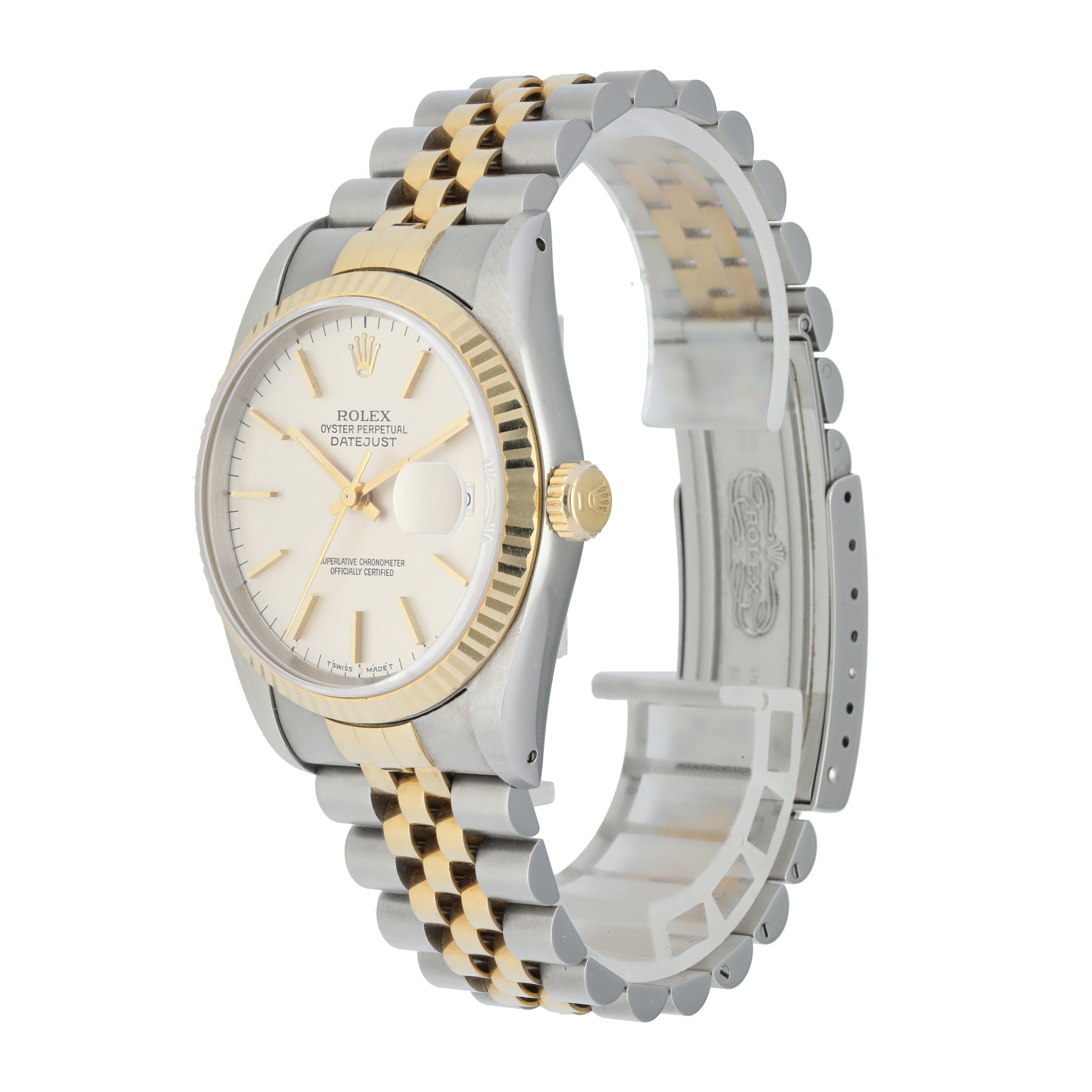 Rolex Datejust 16233 men's Watch.
356mm stainless steel case with yellow gold fluted bezel.
silver dial with luminous gold hands and index hour markers.
Minute markers on the outer dial.
Date display at the 3 o'clock position.
stainless steel