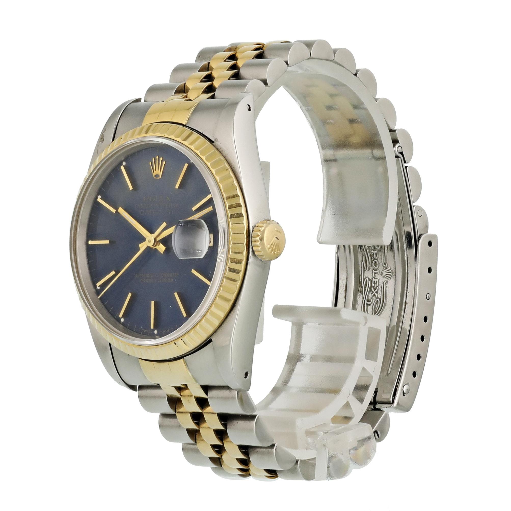 Rolex Datejust 16233 Men's Watch
36mm Stainless Steel case. 
Yellow Gold Stationary bezel. 
Blue dial with luminous gold hands and index hour markers. 
Minute markers on the outer dial. 
Date display at the 3 o'clock position. 
Stainless Steel