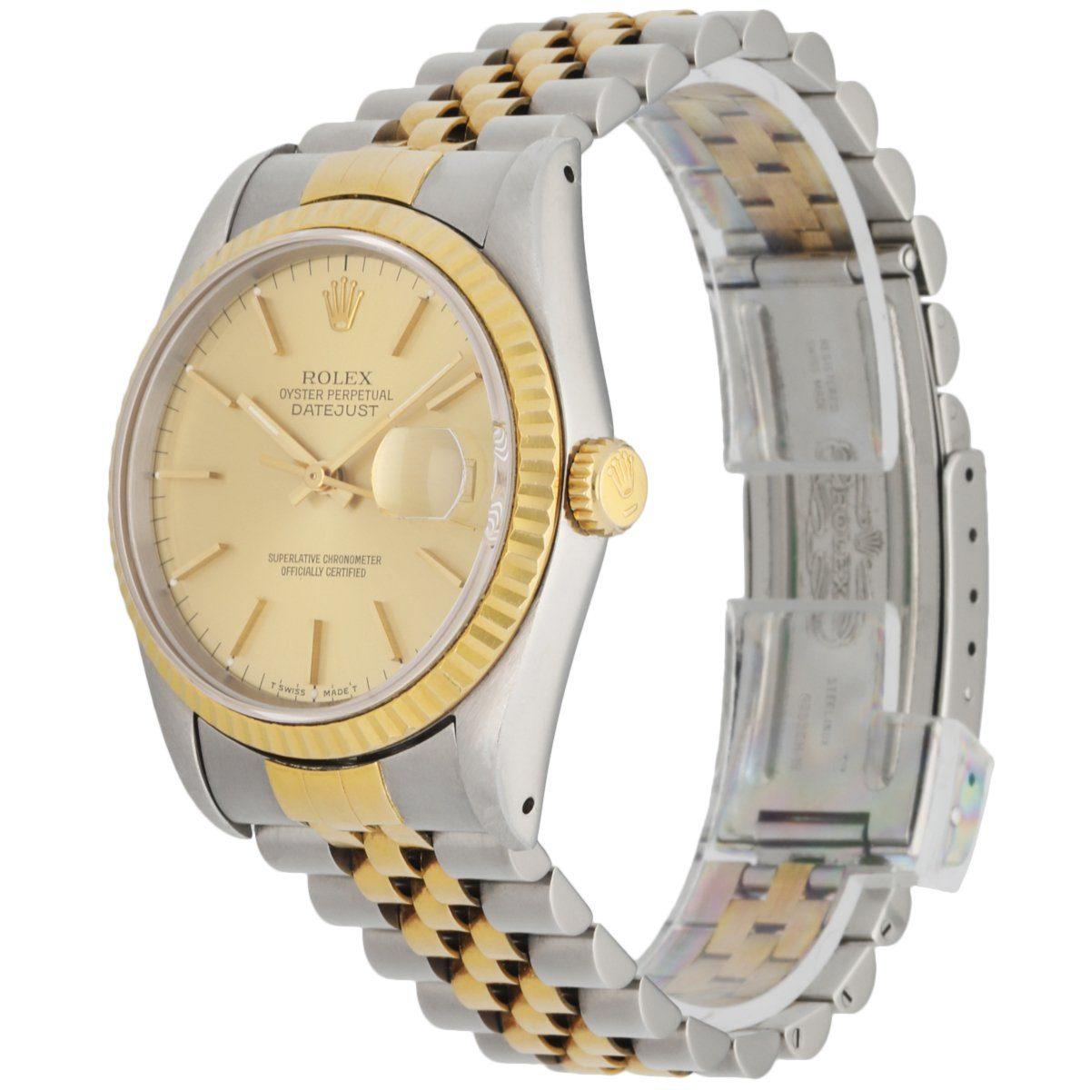 Rolex Datejust 16233 Men's Watch. 36mm Stainless Steel case. 18K Yellow GoldÂ fluted bezel.Â ChampagneÂ dial with gold luminous hands and gold index hour markers. Minute markers on the outer dial. Date display at the 3 o'clock position. Stainless