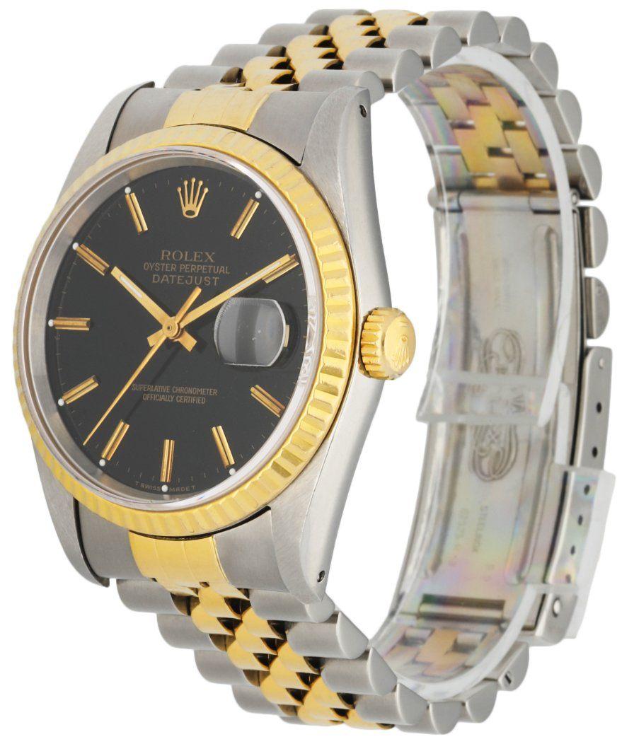 Rolex Datejust 16233 men's watch. 36mm Stainless Steel case. 18K Yellow Gold fluted bezel. Black dial with gold hands and index hour markers. Minute markers on the outer dial. Date display at the 3 o'clock position. Stainless Steel & 18K yellow gold