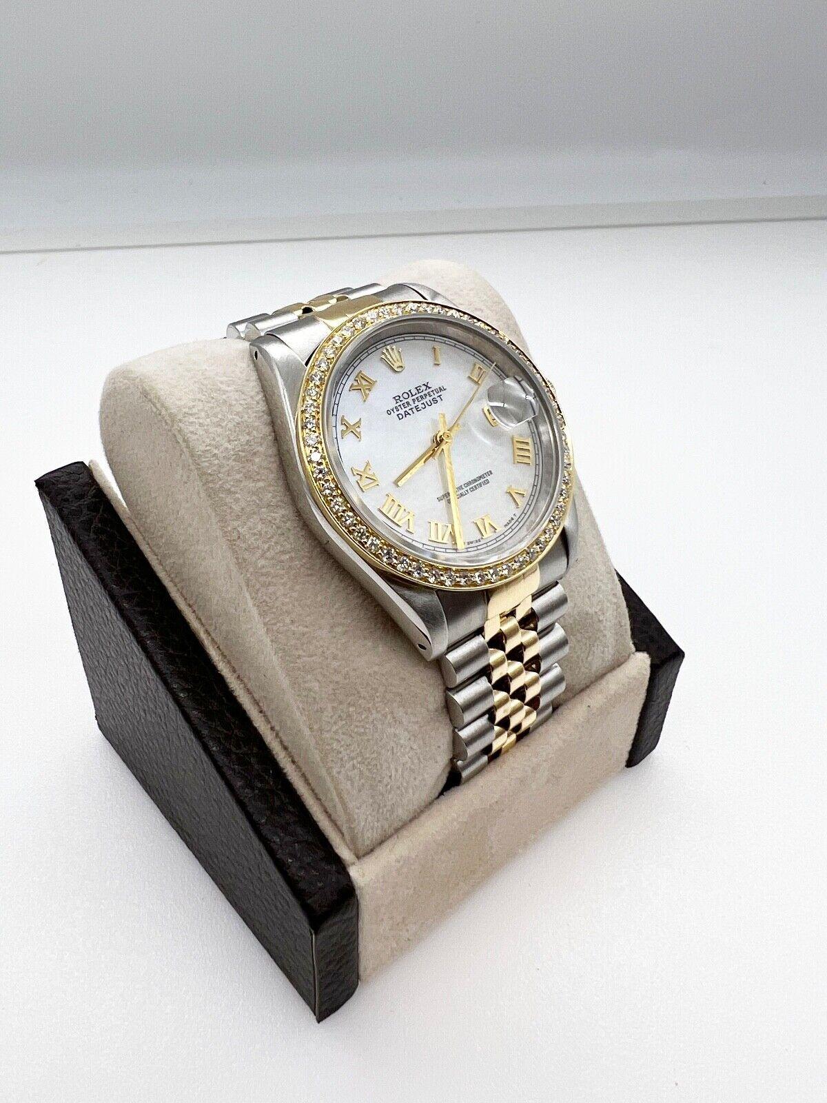 Rolex Datejust 16233 MOP Dial Diamond Bezel 18K Yellow Gold Stainless Steel In Excellent Condition For Sale In San Diego, CA