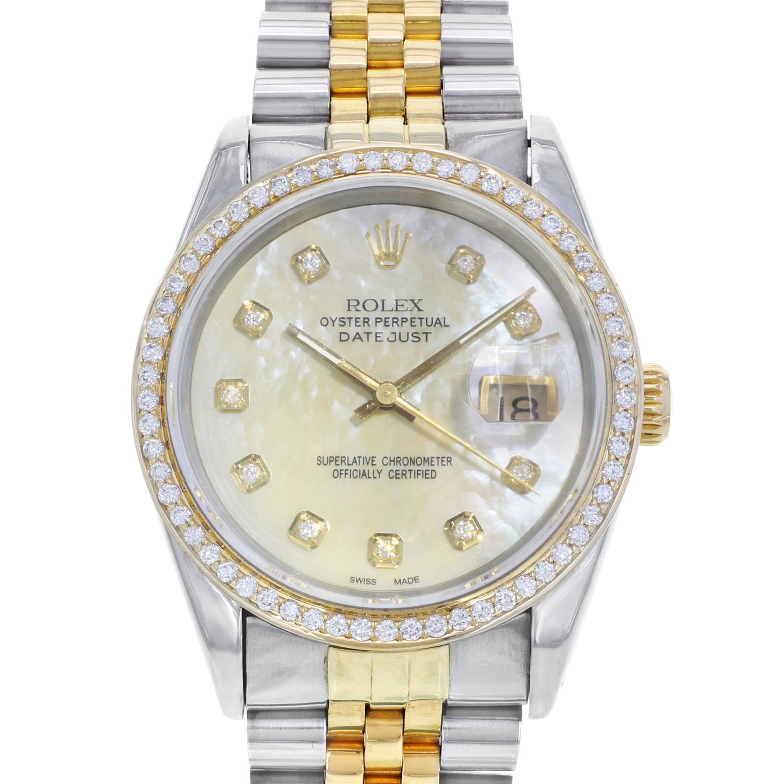 (20773)
This pre-owned Rolex Datejust 16233 is a beautiful men's timepiece that is powered by an automatic movement which is cased in a stainless steel case. It has a round shape face, date, diamonds dial, and has hand diamonds style markers. It is