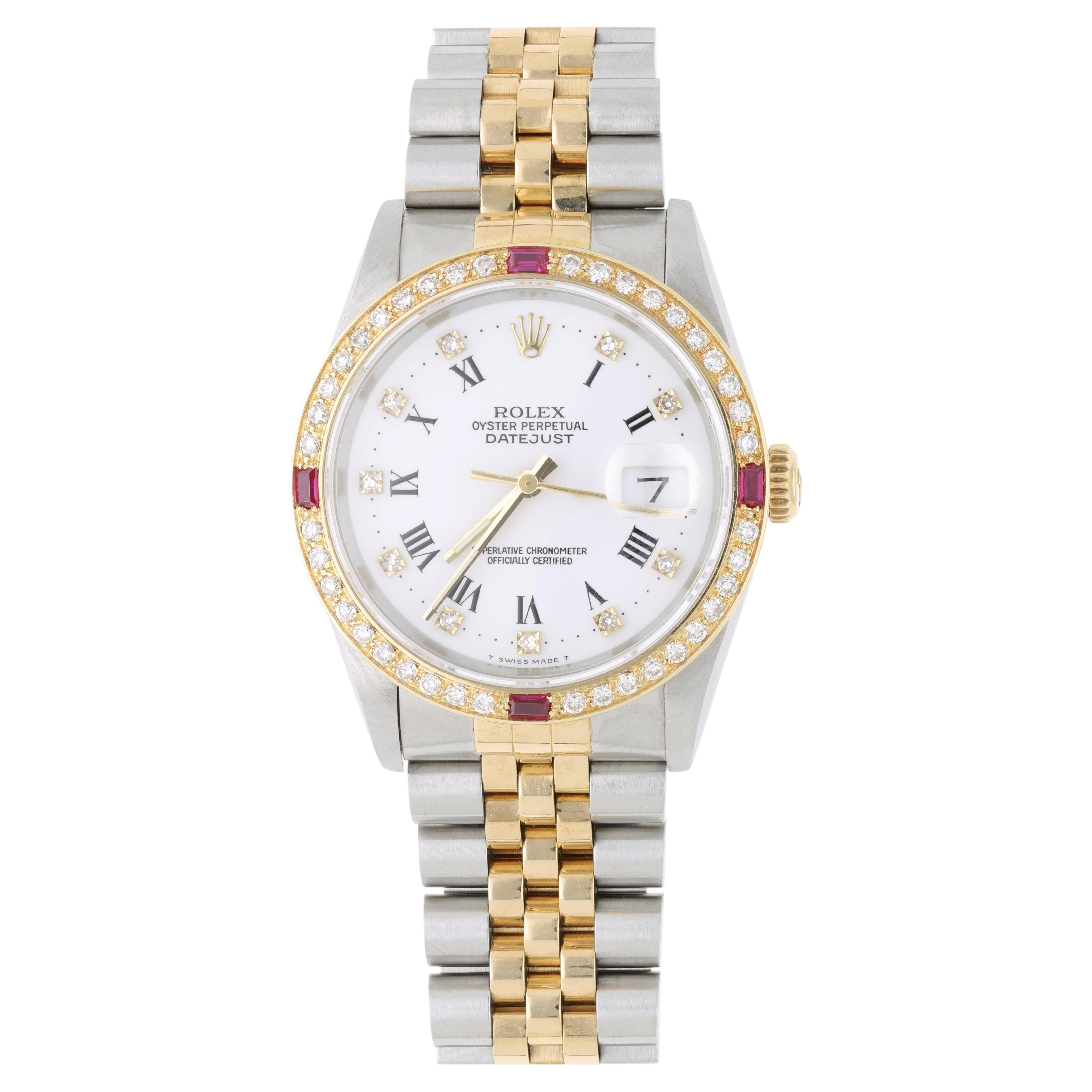Rolex Datejust 16233 Two Tone Steel-18K Gold Ruby Diamond Bezel Vintage Watch