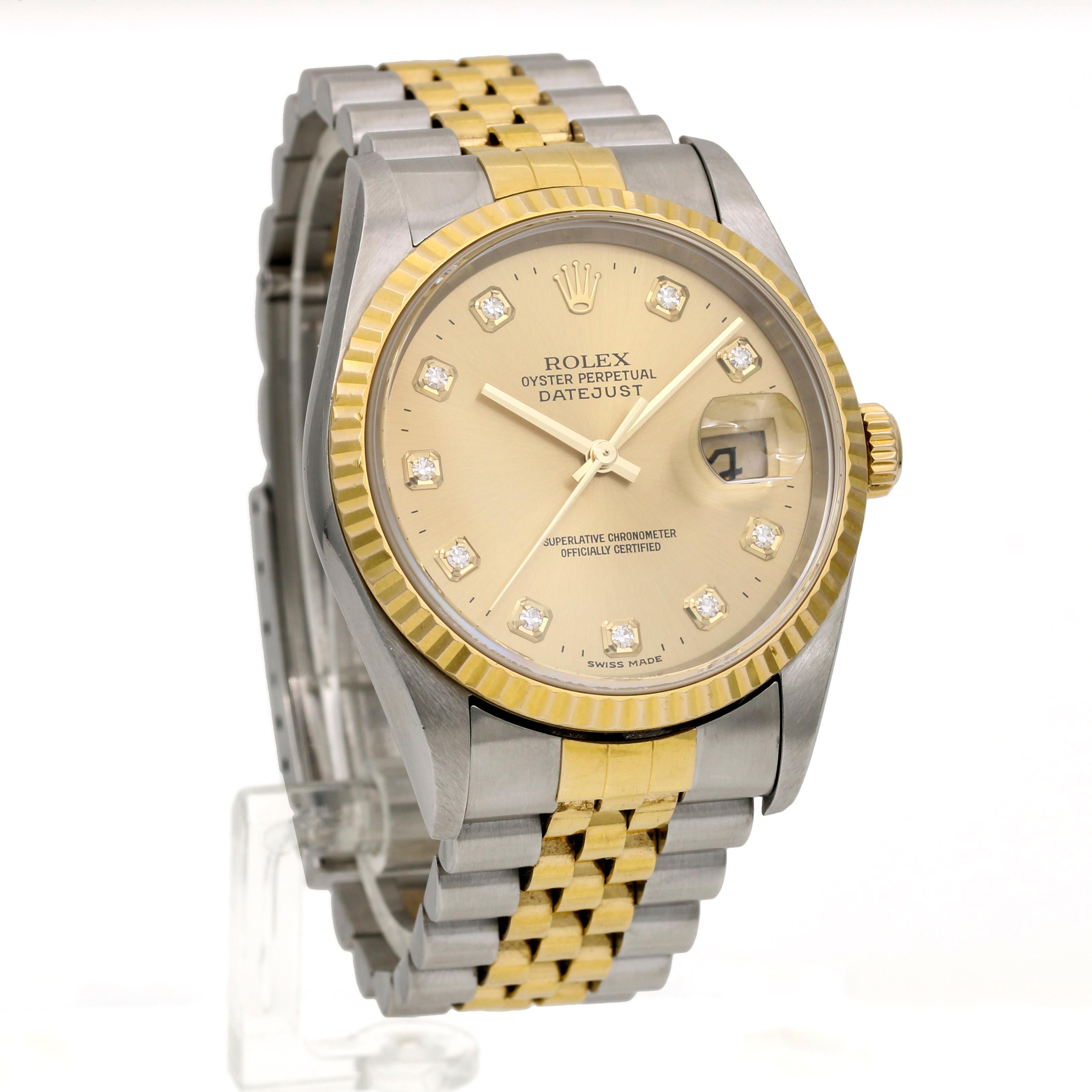 Experience the timeless elegance of this exquisite Rolex Datejust watch, crafted from stainless steel and 18-karat yellow gold and featuring a dazzling factory diamond dial. This watch exudes luxury and sophistic with a polished and brushed finished