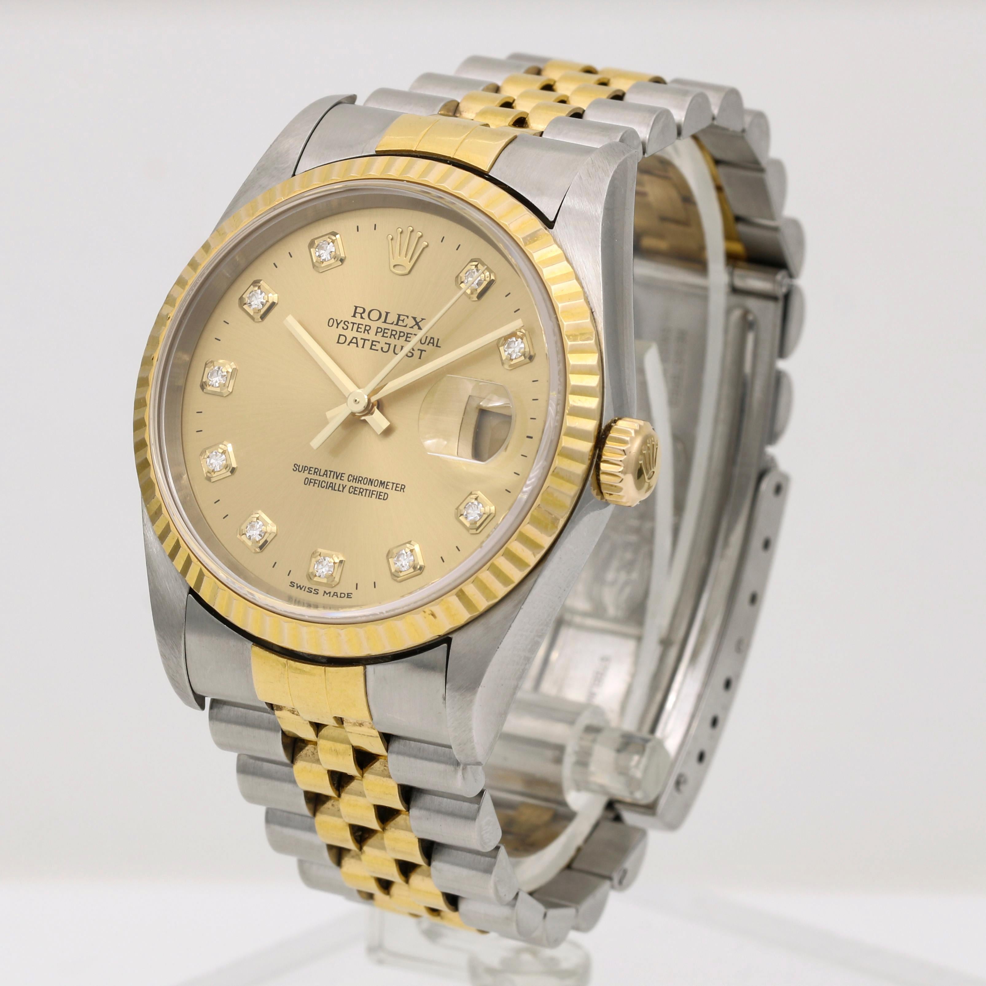 Contemporary Rolex Datejust 16233 Watch with Factory Diamond Dial Box & Papers For Sale