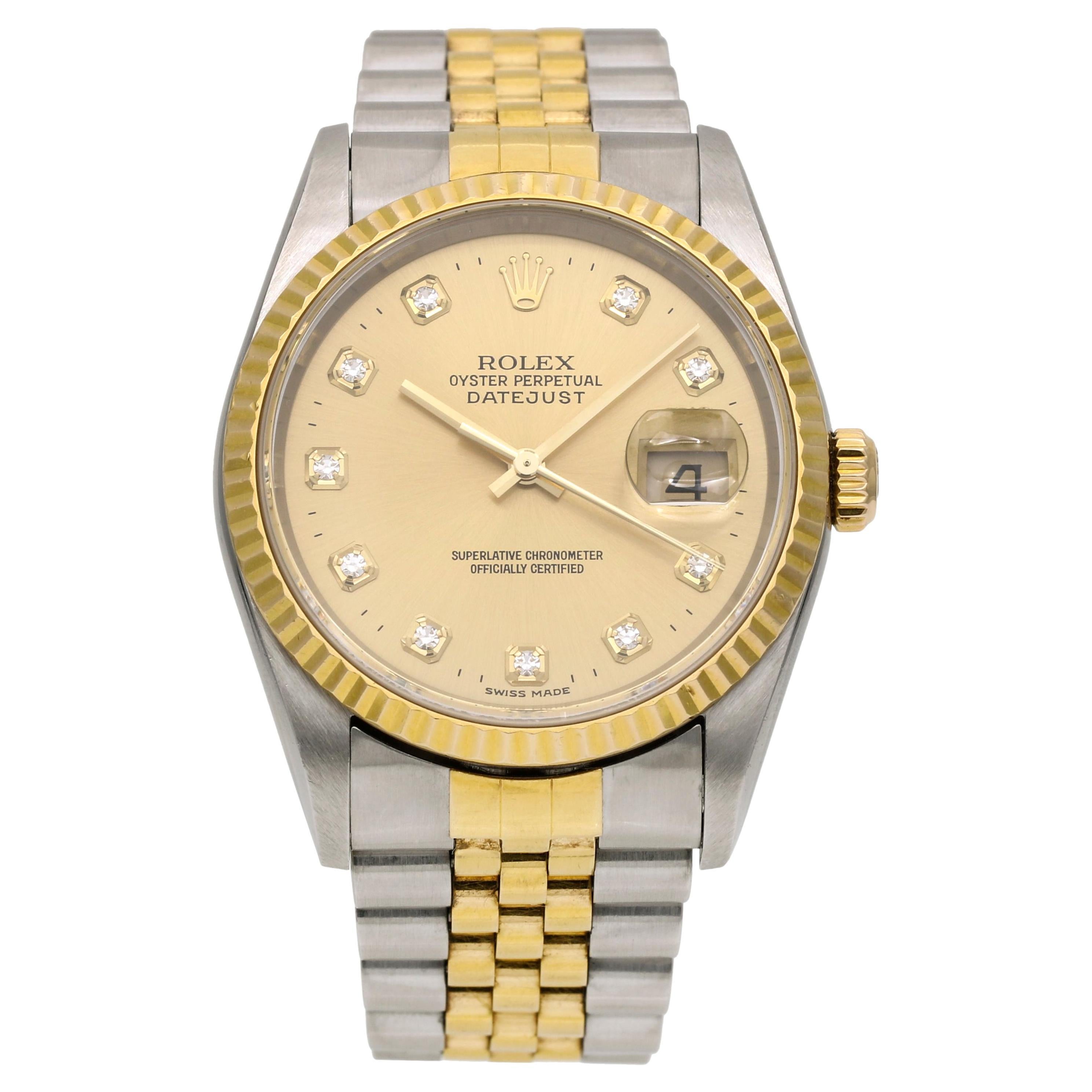 Rolex Datejust 16233 Watch with Factory Diamond Dial Box & Papers For Sale