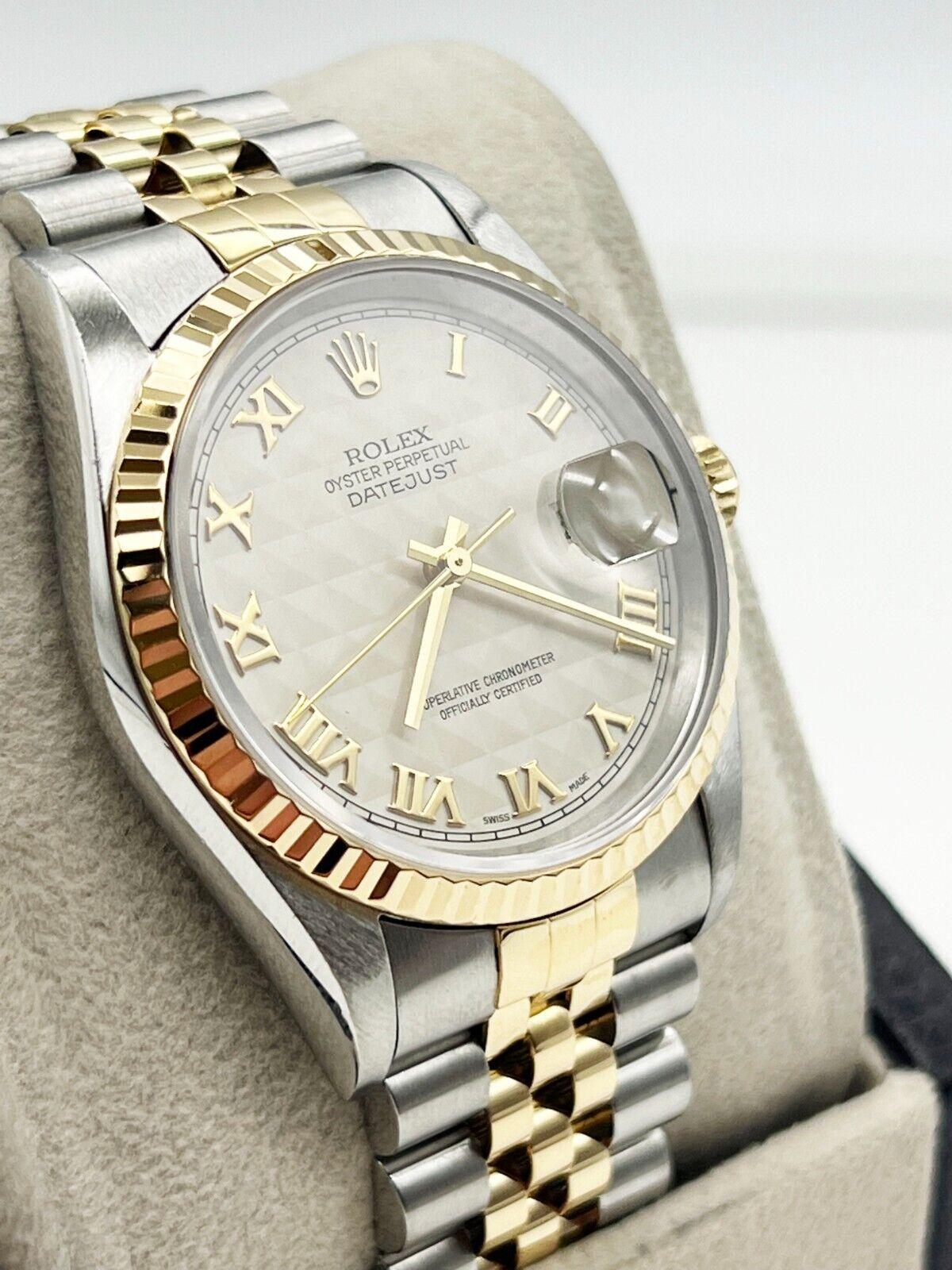 Style Number: 16233

Serial: W708***

Year: 1995

Model: Datejust 

Case Material: Stainless Steel 

Band: 18K Yellow Gold & Stainless Steel

Bezel: 18K Yellow Gold 

Dial: White Pyramid Dial 

 

Face: Sapphire Crystal 

Case Size: 36mm

Includes: