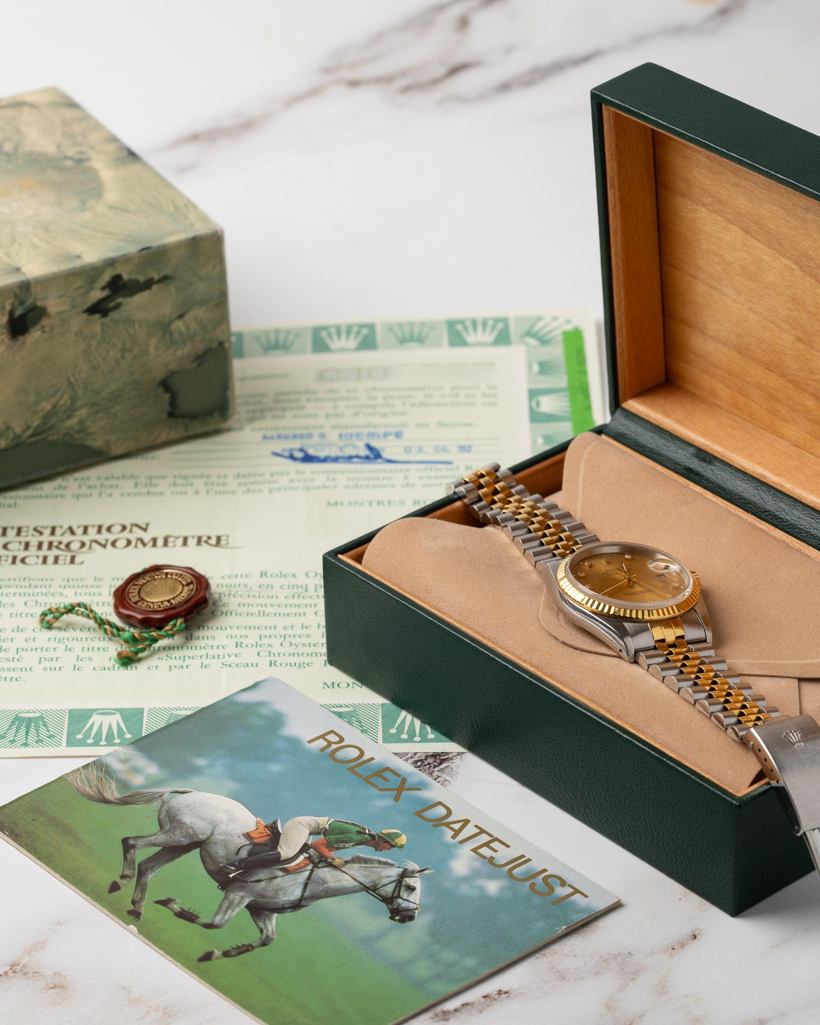 Rolex Datejust 16233G Champagne Diamond Dial C10 Serial YG/SS 1992 Box and Paper im Zustand „Gut“ im Angebot in SYDNEY, AU