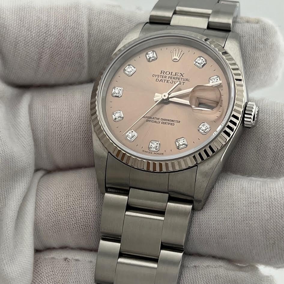Rolex Datejust 16234 36mm Esfera de diamantes salmón de fábrica Acero inoxidable Oro 18k en Bueno estado para la venta en San Diego, CA