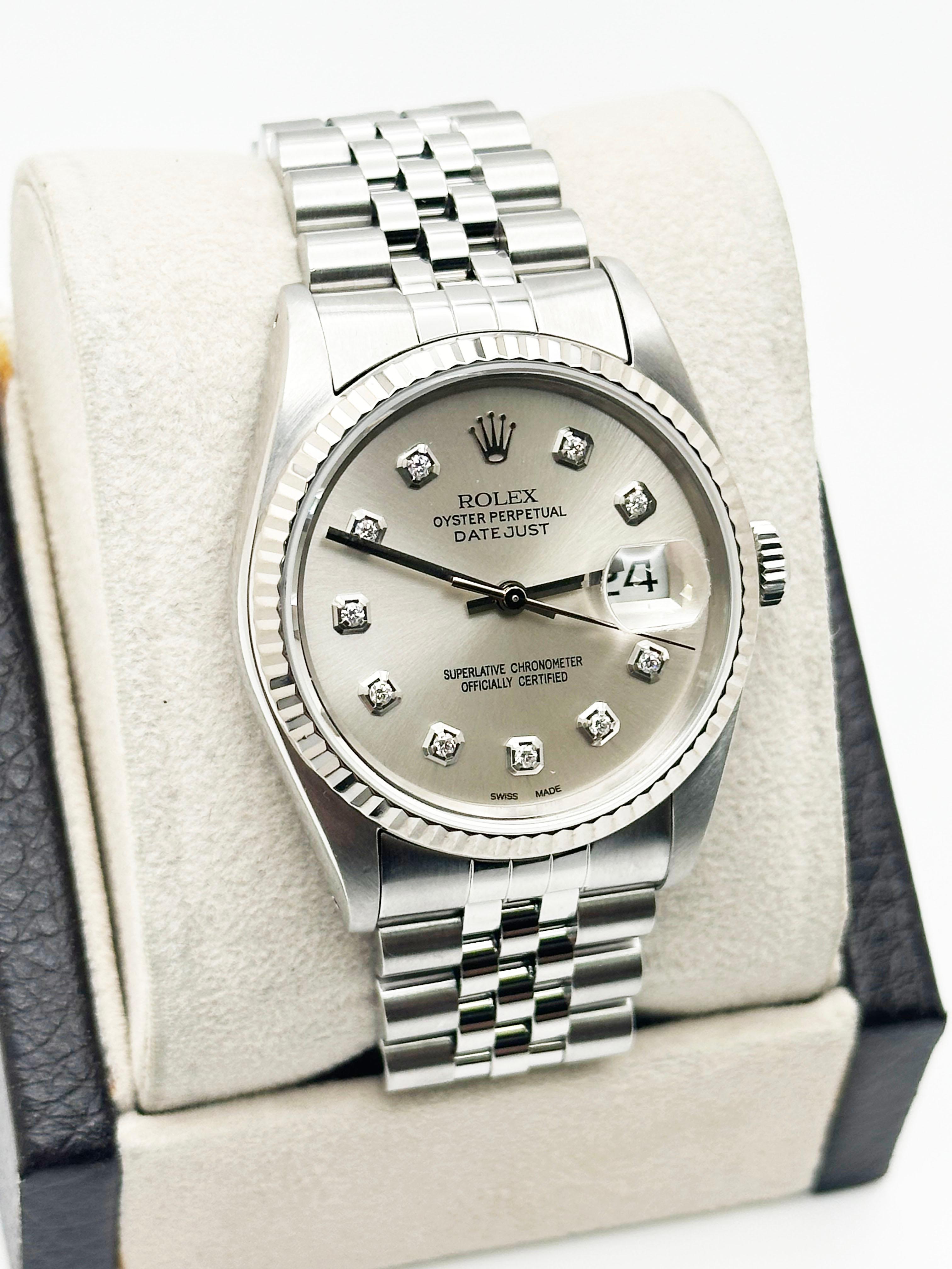 Rolex Datejust 16234 36mm Silver Diamond Dial Stainless Steel Jubilee Excellent état - En vente à San Diego, CA