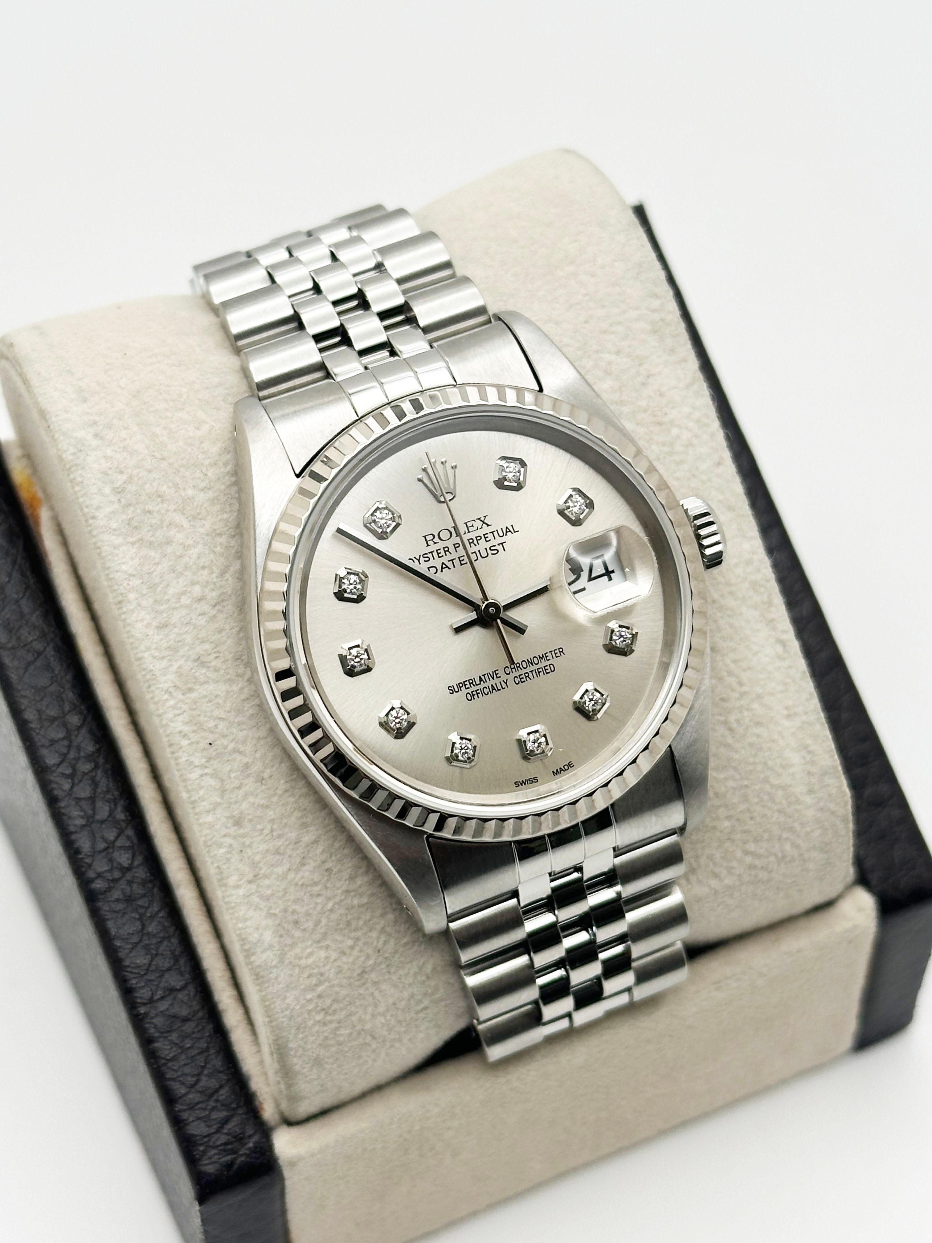 Rolex Datejust 16234 36mm Silver Diamond Dial Stainless Steel Jubilee en vente 2