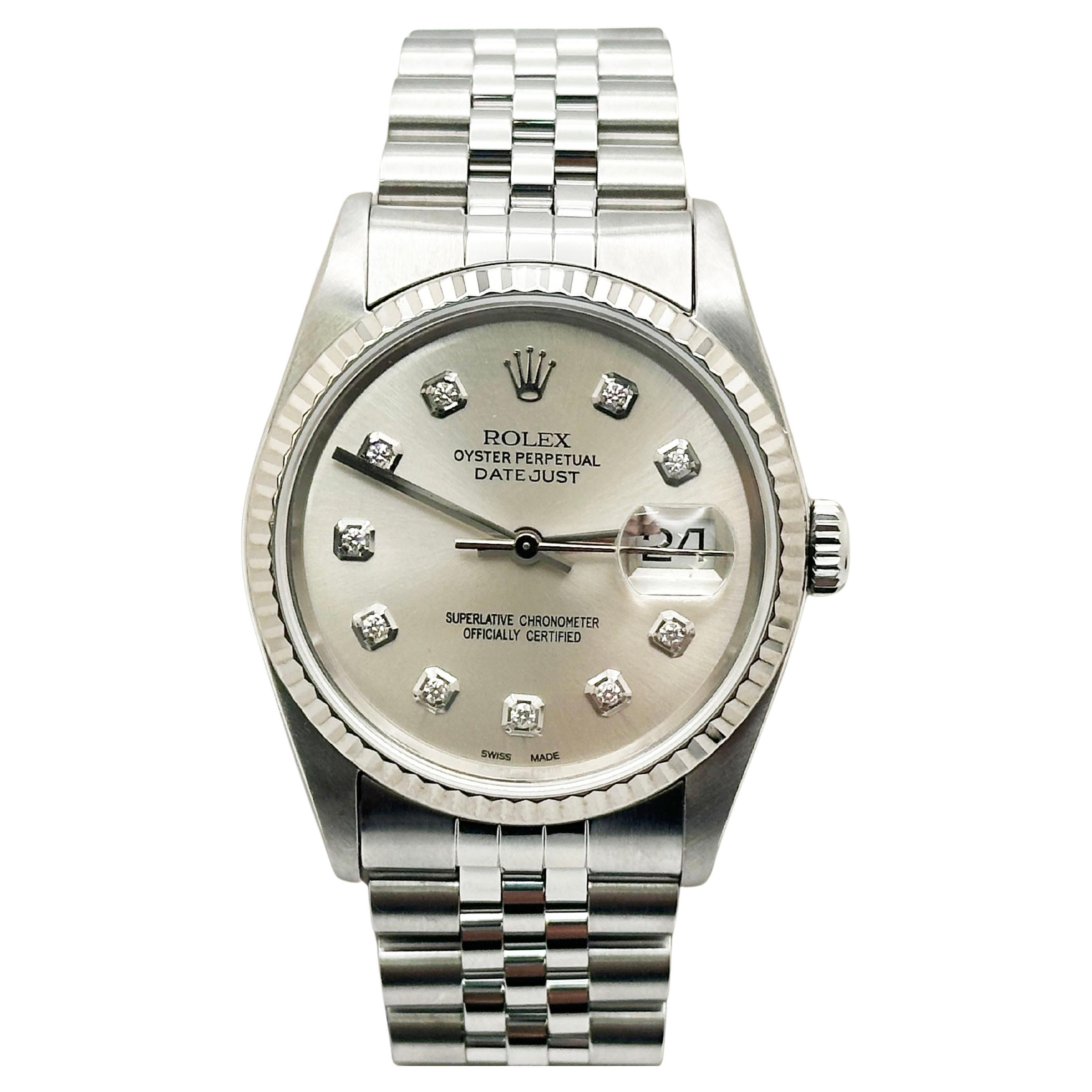 Rolex Datejust 16234 36mm Plata Esfera Diamante Acero Inoxidable Jubilee