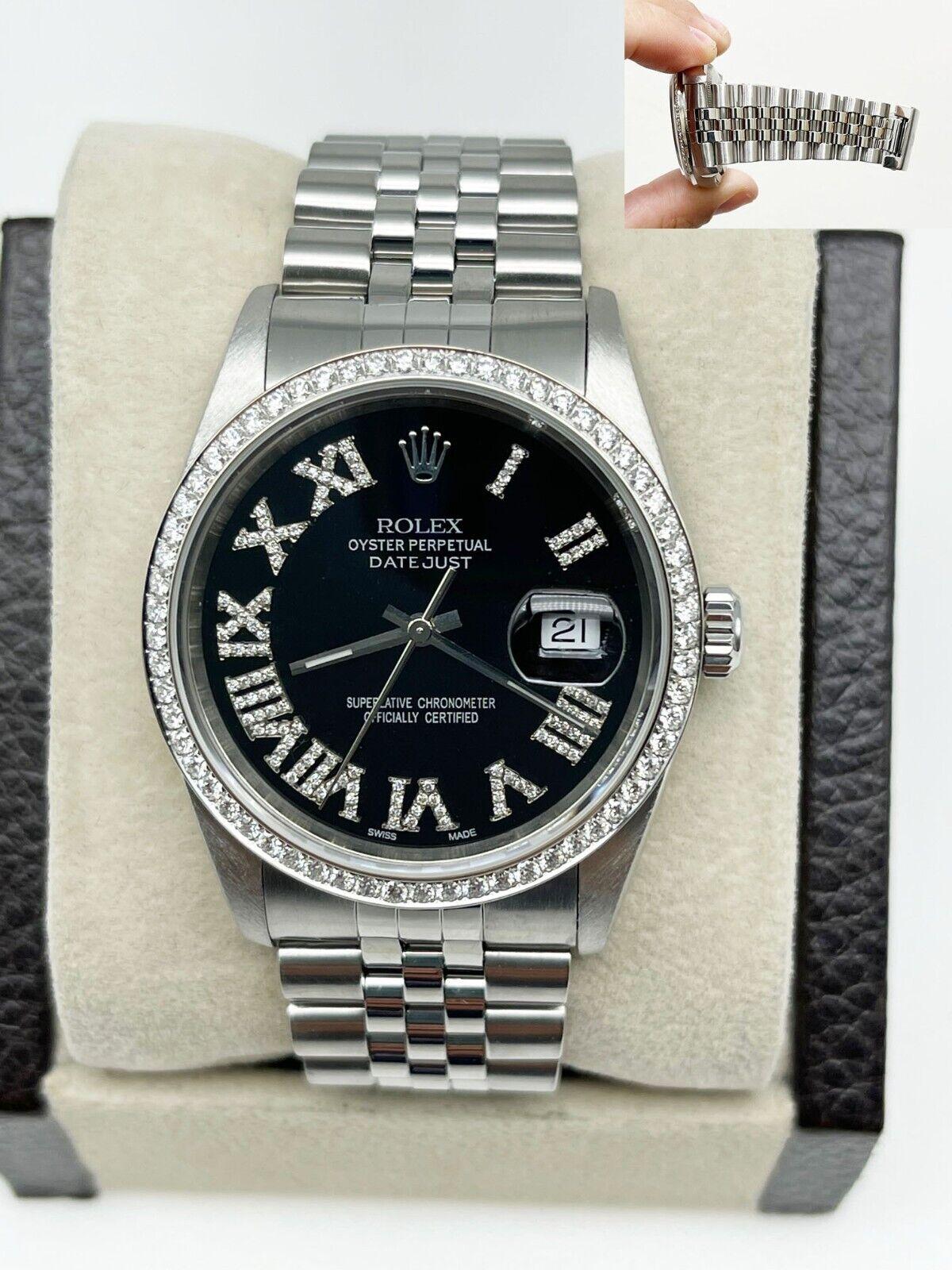 Style Number: 16234

 

Serial: Y605***


Year: 2002

 

Model: Datejust

 

Case Material: Stainless Steel

 

Band: Stainless Steel

 

Bezel: Custom Diamond bezel

 

Dial: Black Custom Roman dial

 

Face: Sapphire Crystal

 

Case Size: 36mm

