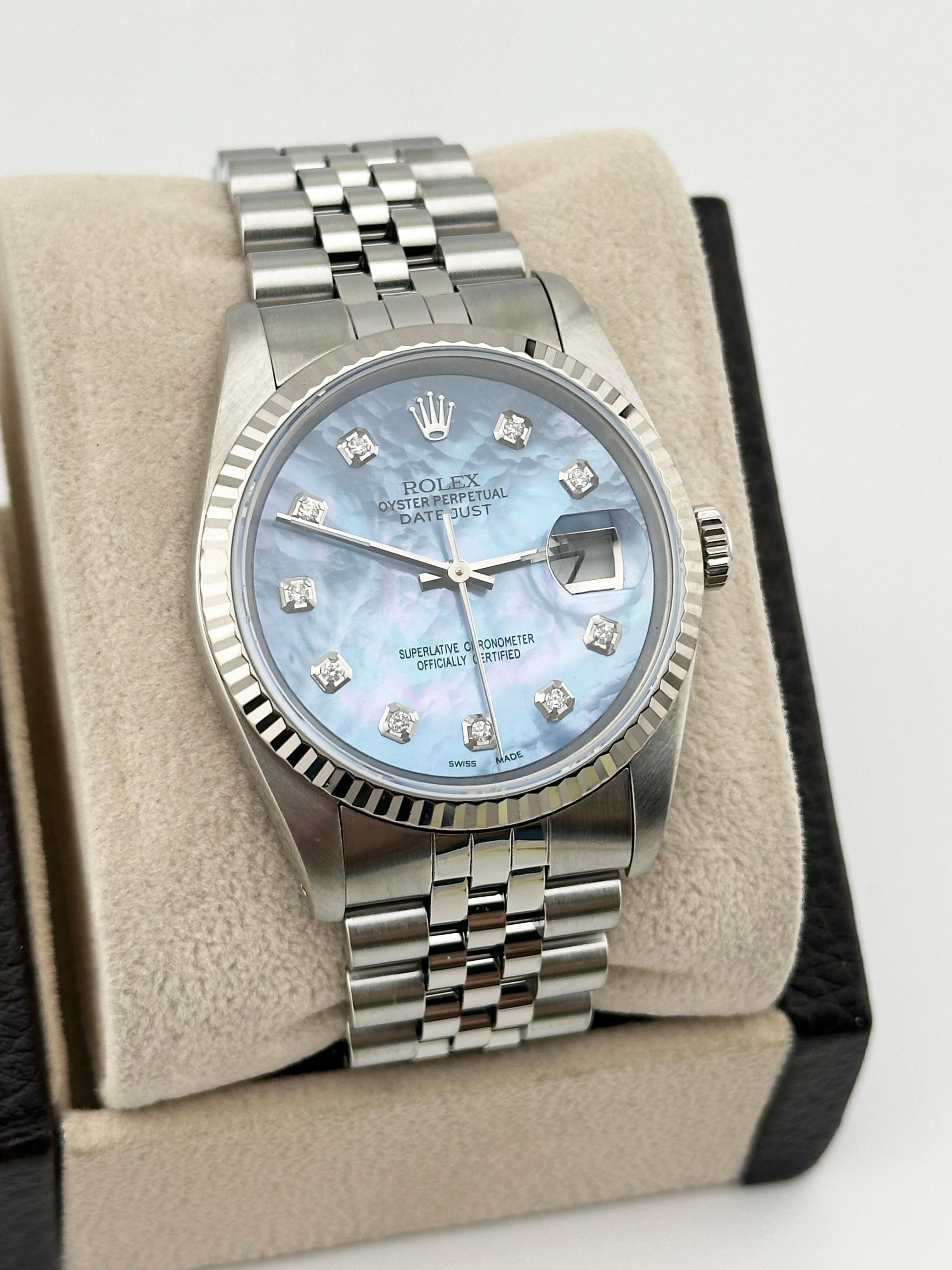 Rolex Datejust 16234 Blue Mother of Pearl Diamond Dial Steel 18k Gold 36mm In Excellent Condition In San Diego, CA