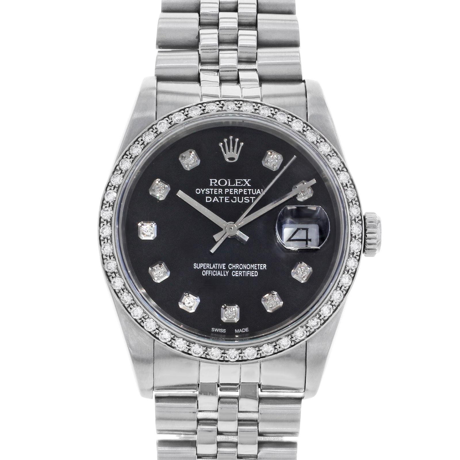 (20760)
This pre-owned Rolex Datejust 16234 is a beautiful men's timepiece that is powered by an automatic movement which is cased in a stainless steel case. It has a round shape face, date, diamonds dial and has hand diamonds style markers. It is