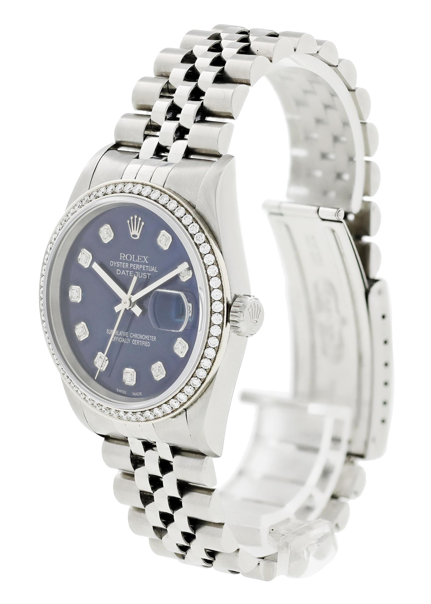 Rolex Datejust 16234 Men Watch. 
36mm Stainless Steel case. 
Stationary diamond bezel. 
Blue dial with Steel hands and Dimond hour markers. 
Stainless Steel Bracelet with Fold Over Clasp. 
Will fit up to a 7-inch wrist. 
Sapphire Crystal, stainless