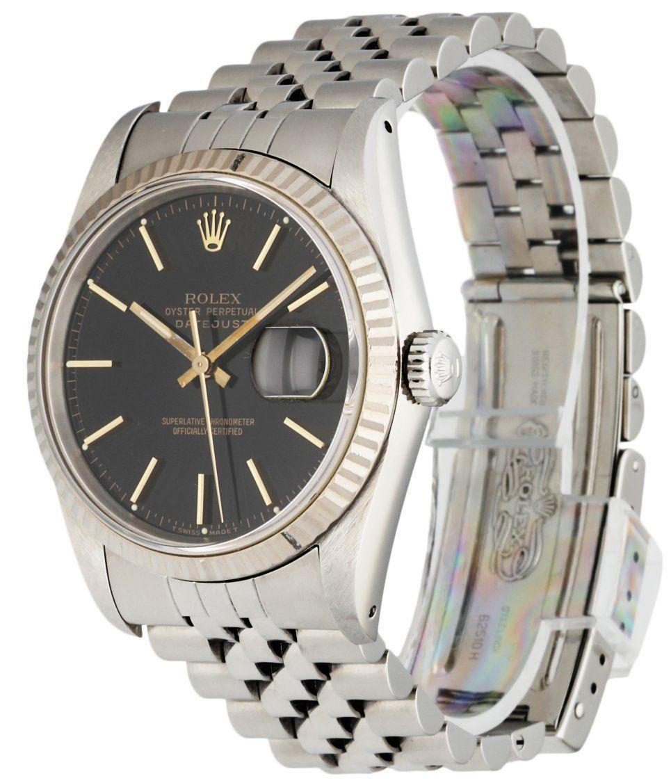 Rolex Datejust 16234 men's watch. 36mm stainless steel case with 18K white gold fluted bezel. Black dial with golden-tone hands and index hour markers. Date display at 3 o'clock position. Stainless steel jubilee bracelet with fold-over clasp. Will