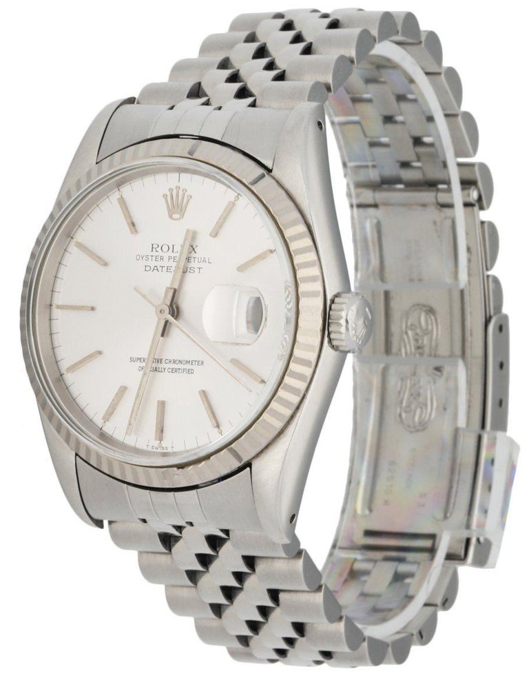 Rolex Datejust 16234 men's watch. 36mm stainless steel case with 18K white gold fluted bezel. Silver dial with silver-tone hands and index hour markers. Date display at 3 o'clock position. Stainless steel jubilee bracelet with fold-over clasp. Will