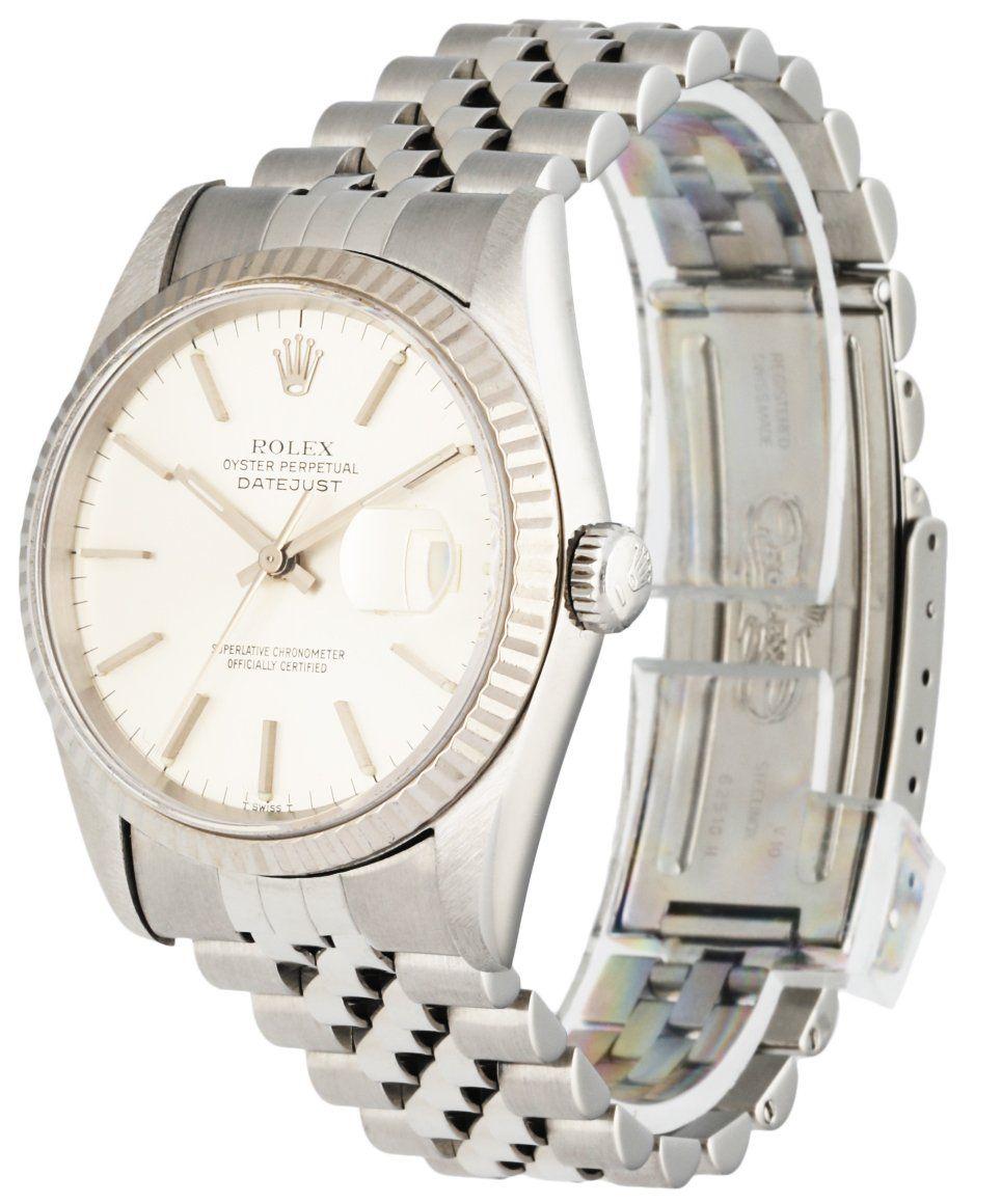 
Rolex Datejust 16234 men's watch. 36mm stainless steel case with 18K white gold fluted bezel. Silver dial with silver hands and index hour markers. Date display at 3 o'clock position. Stainless steel jubilee bracelet with fold-over clasp. Will fit