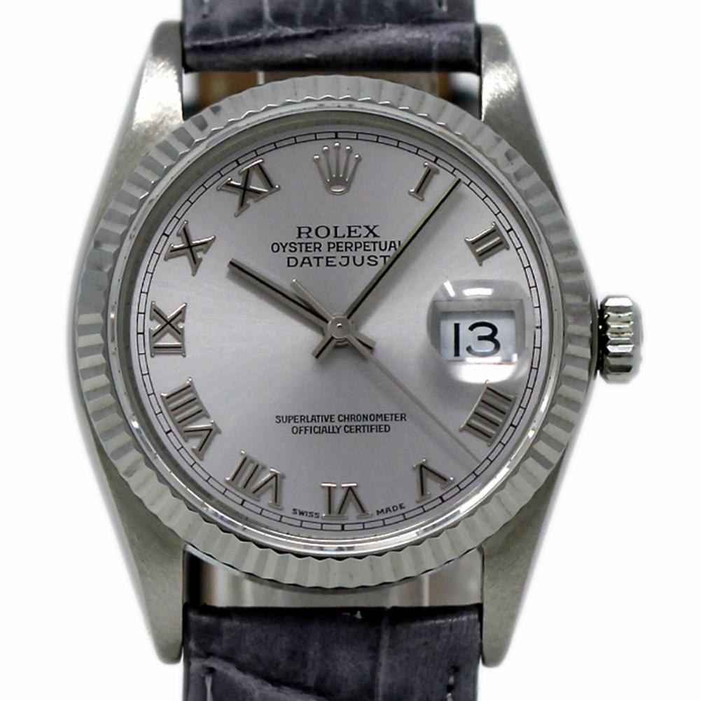 Rolex Datejust 16234 Steel and White Gold Silver Leather 2 Year Warranty For Sale