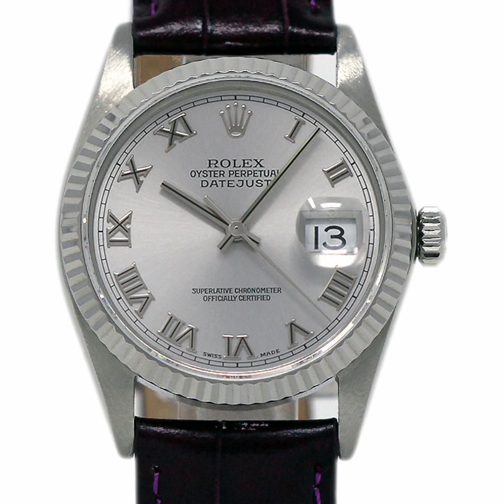 Rolex Datejust 16234 Steel and White Gold Silver Leather 2 Year Warranty For Sale