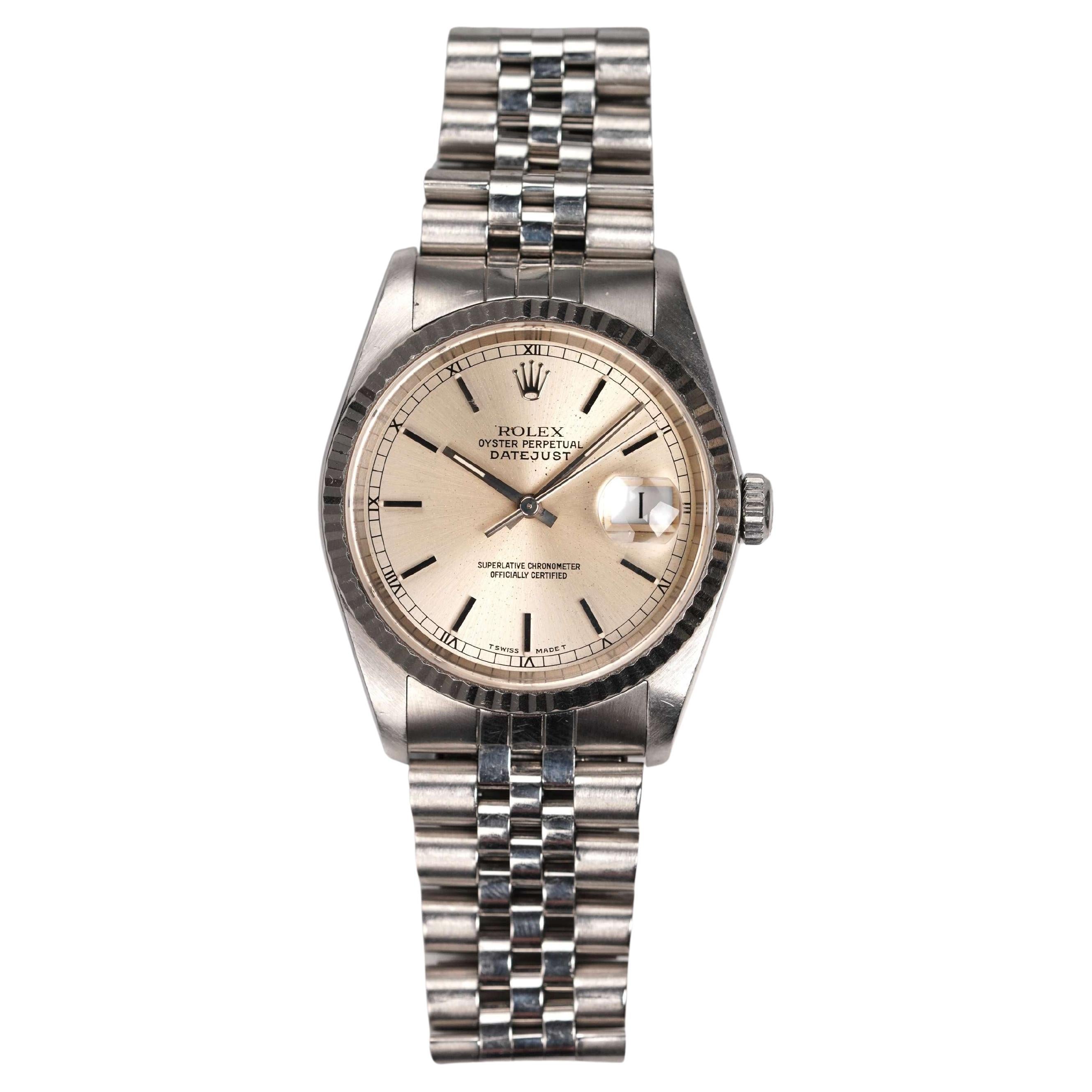 Reloj Rolex Datejust 16234 con esfera plateada de acero, años 90