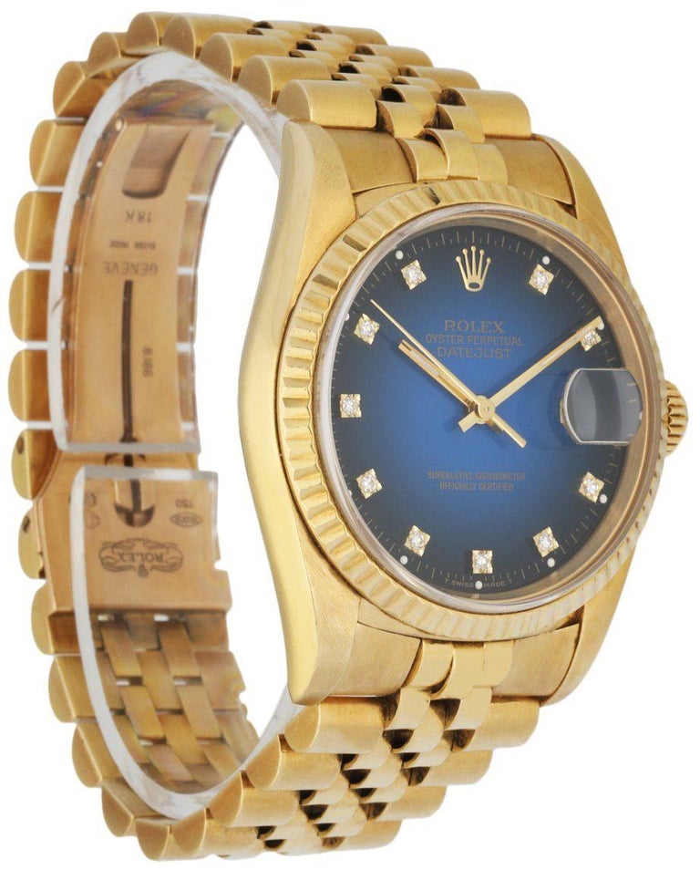 Rolex Datejust 16238 18k Yellow Gold Blue Vignette Men's Watch In Excellent Condition In New York, NY