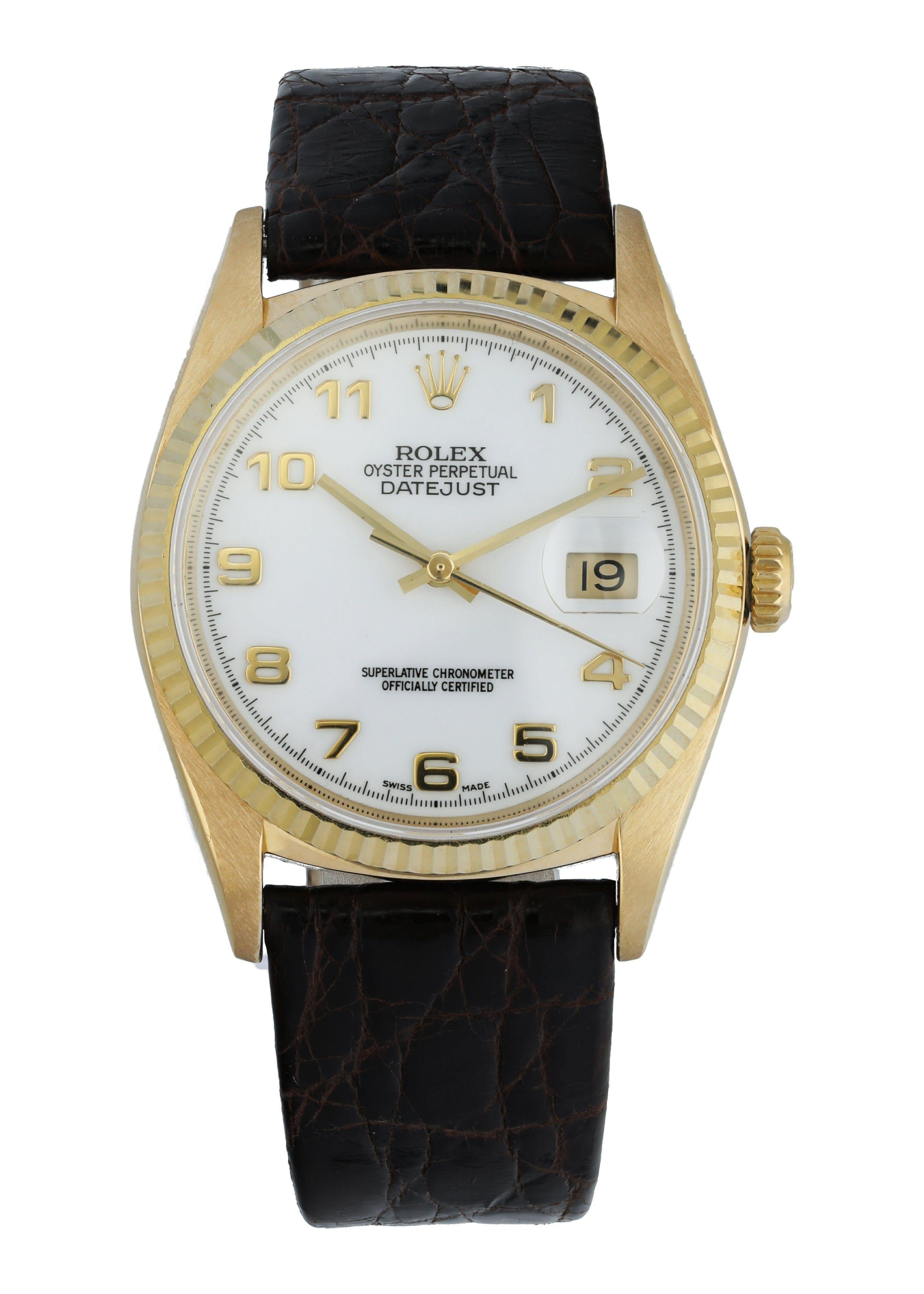 Rolex DateJust 16238 Men's Watch
36mm 18k Yellow Gold case. 
Yellow Gold fluted bezel. 
White dial with gold hands and Arabic numeral hour markers. 
Minute markers on the outer dial. 
Date display at the 3 o'clock position. 
Leather Crocodile Strap